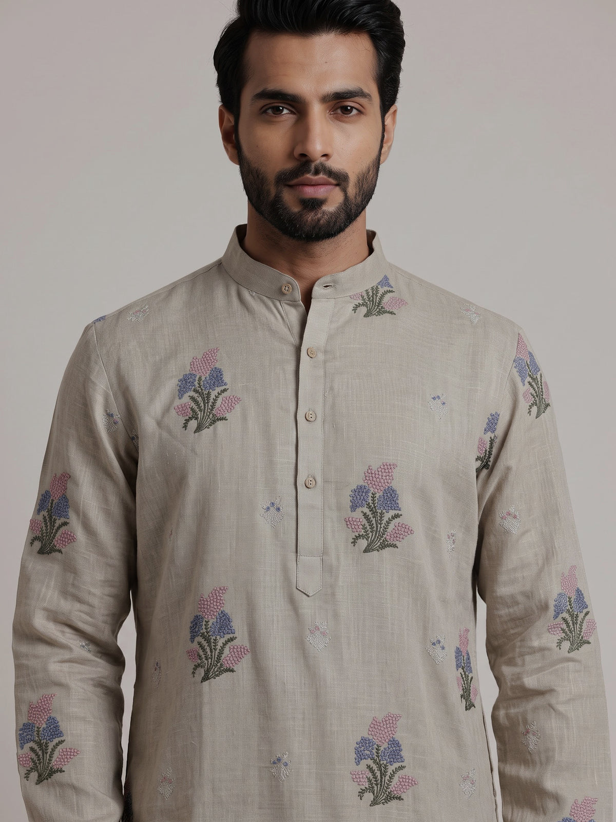 Light grey cotton linen mens kurta suit with pastel floral bootis