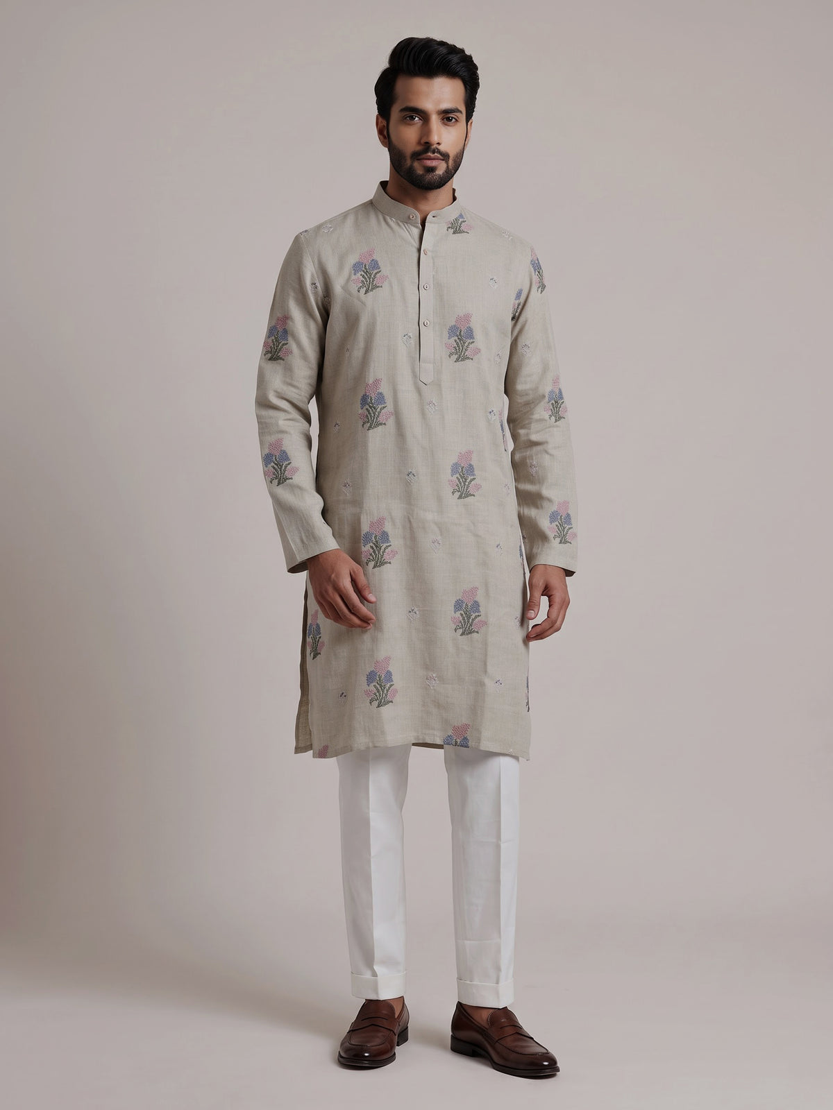Light grey cotton linen mens kurta suit with pastel floral bootis