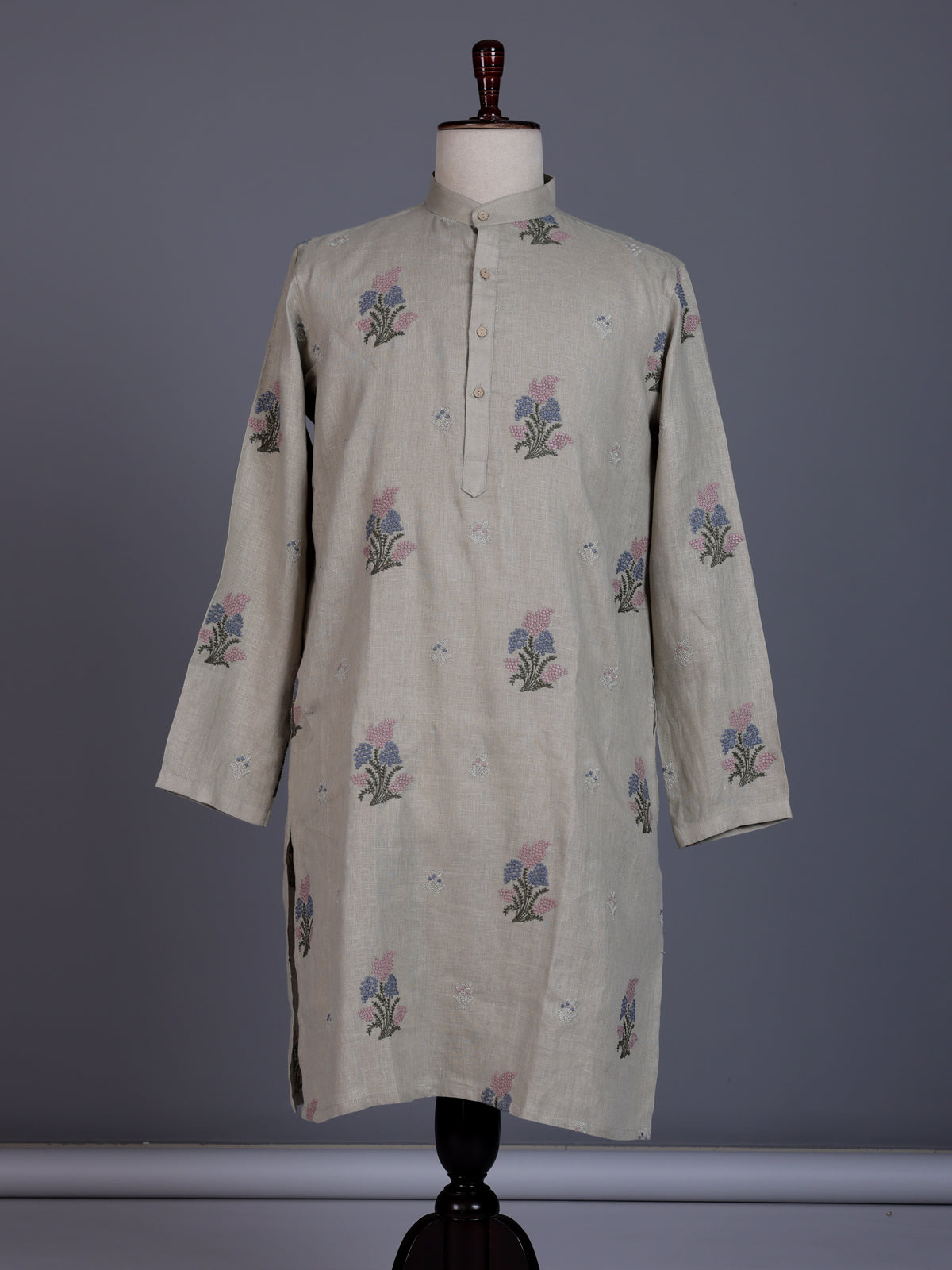 Light grey cotton linen mens kurta suit with pastel floral bootis