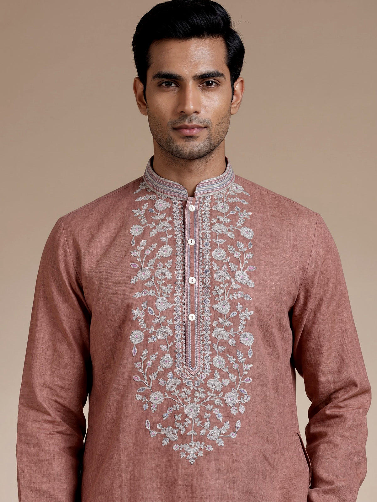 Peach cotton linen mens kurta suit with floral yoke embroidery