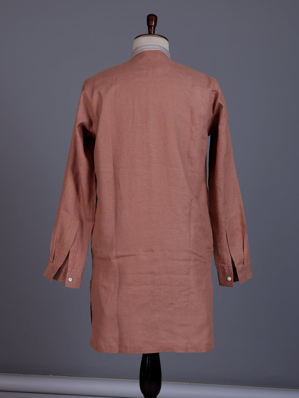 Peach cotton linen mens kurta suit with floral yoke embroidery
