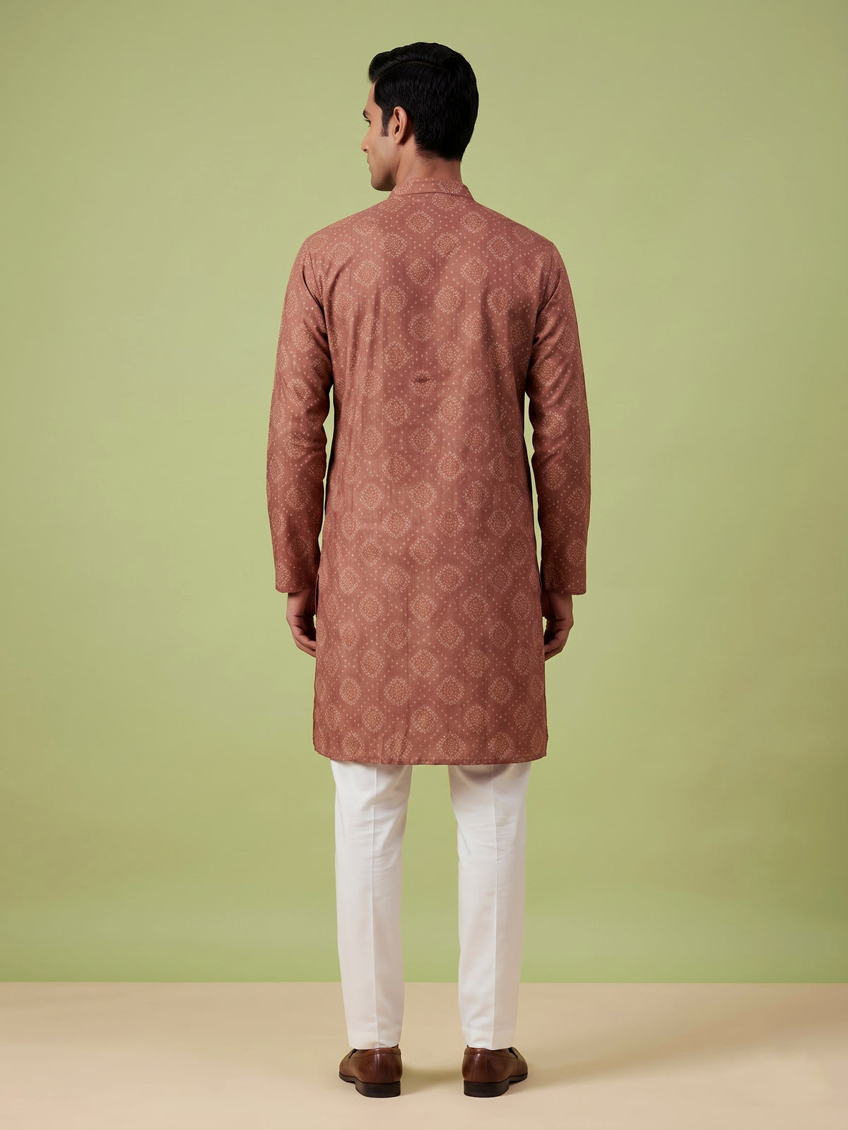 Rust light brown chanderi silk mens kurta suit with classic bandhani print