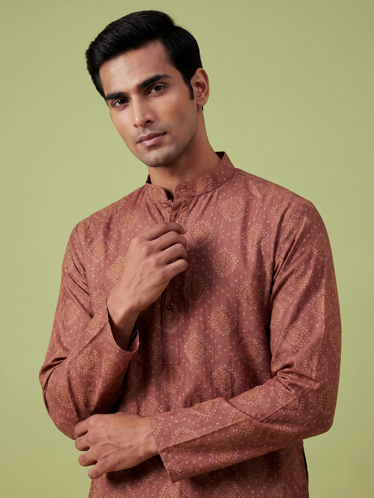 Rust light brown chanderi silk mens kurta suit with classic bandhani print