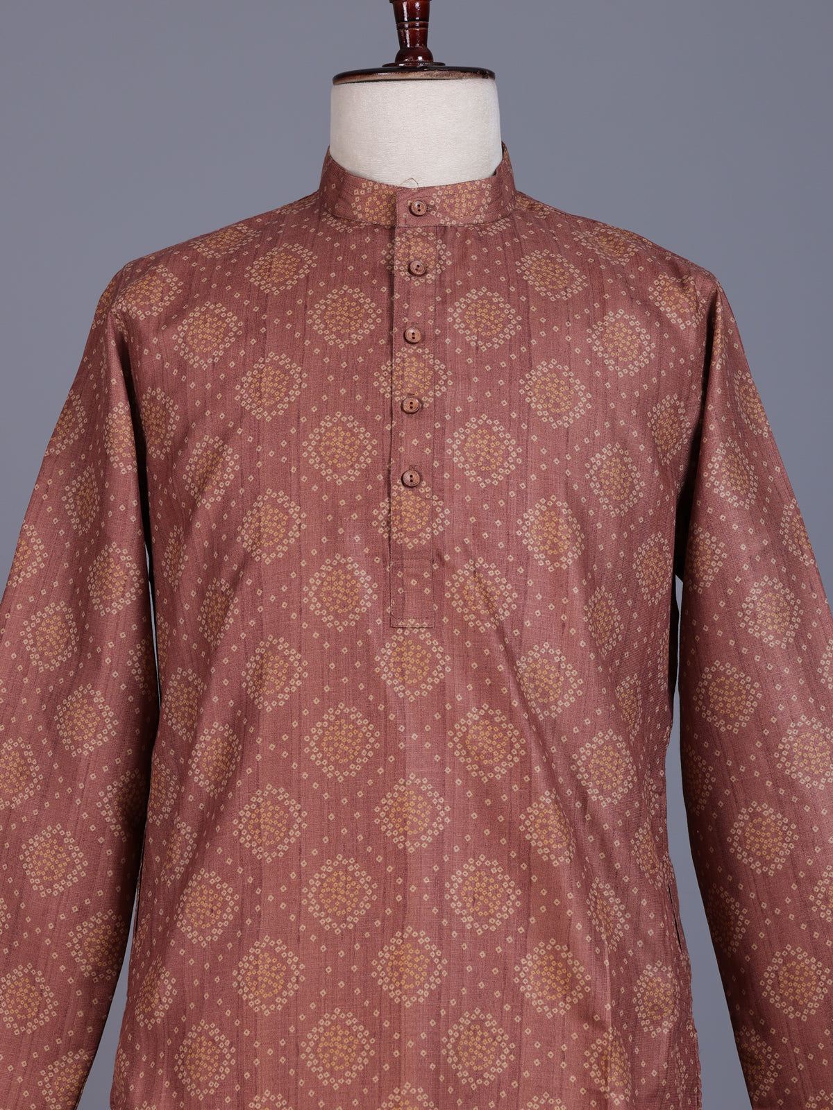 Rust light brown chanderi silk mens kurta suit with classic bandhani print