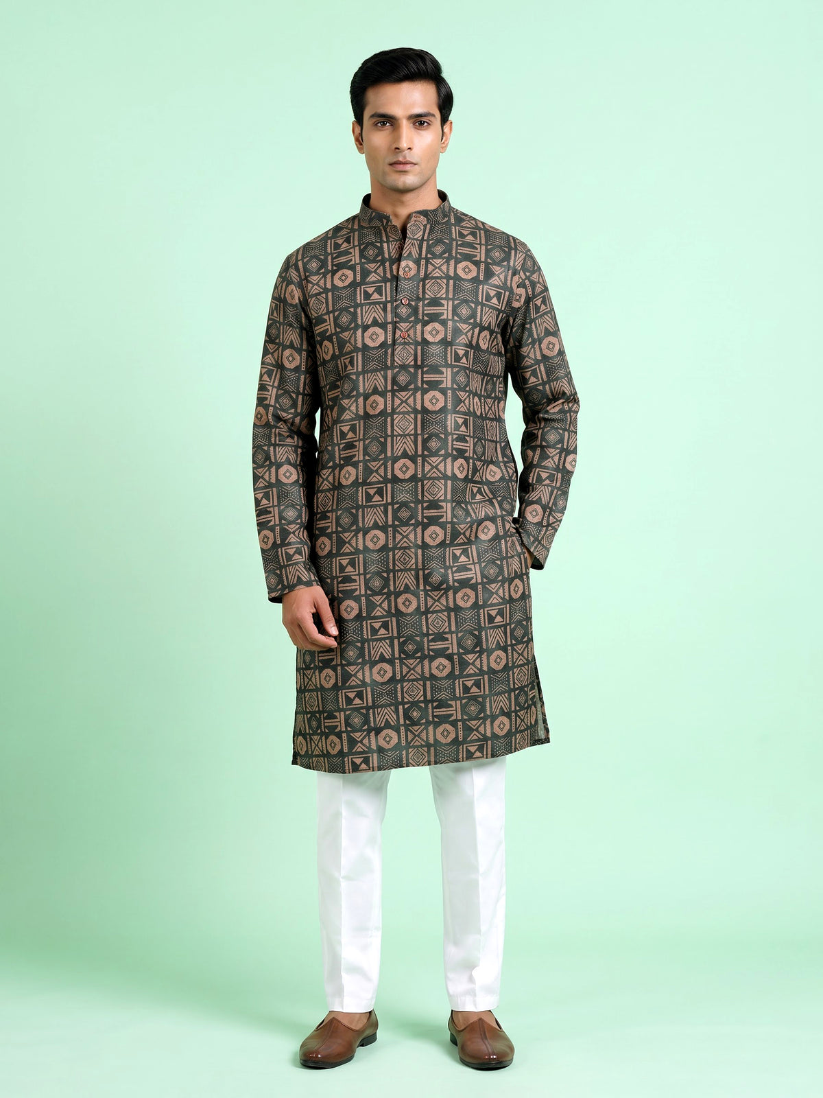 Bottle green tusser mens kurta suit with geometric tribal print