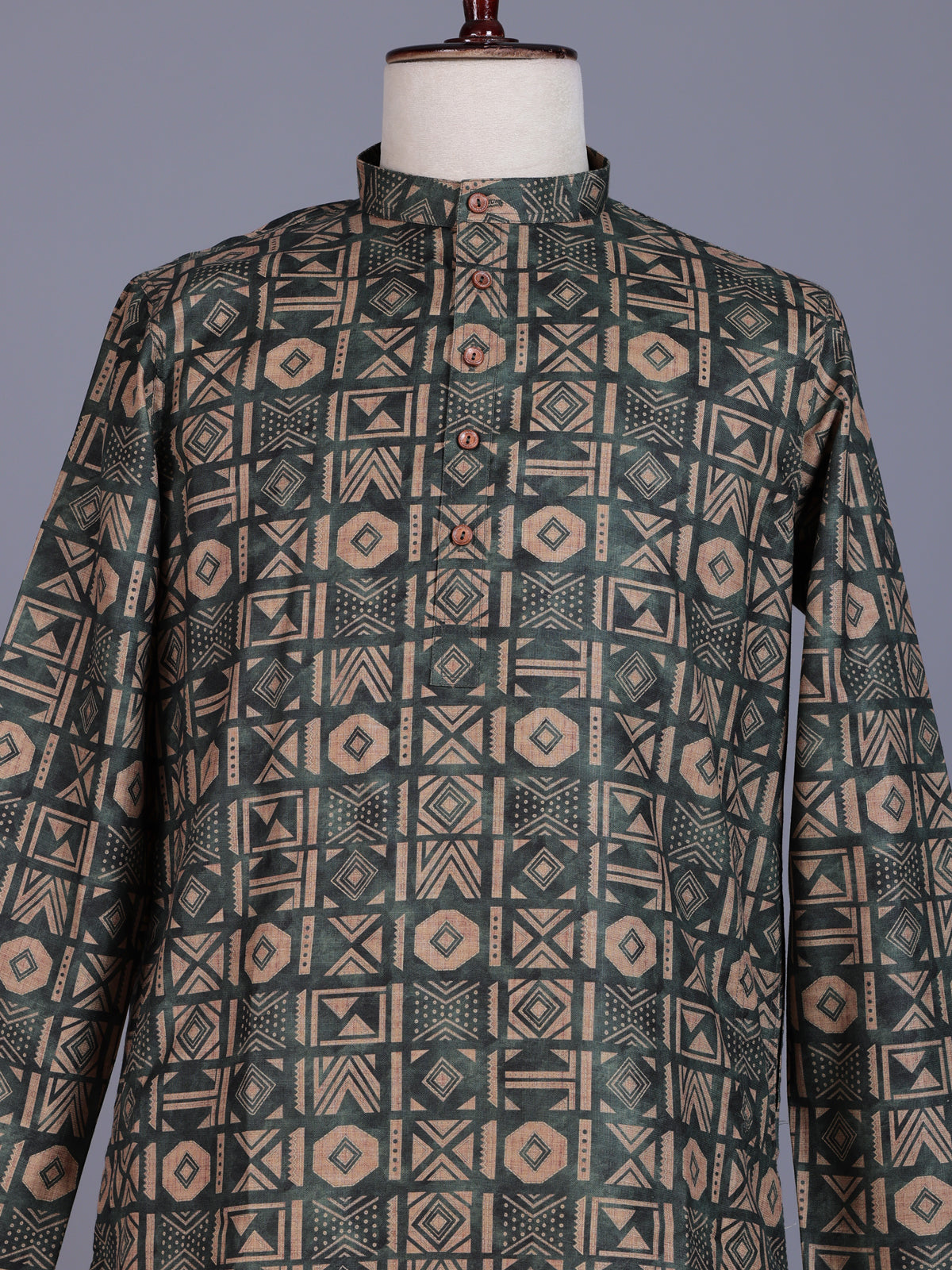 Bottle green tusser mens kurta suit with geometric tribal print