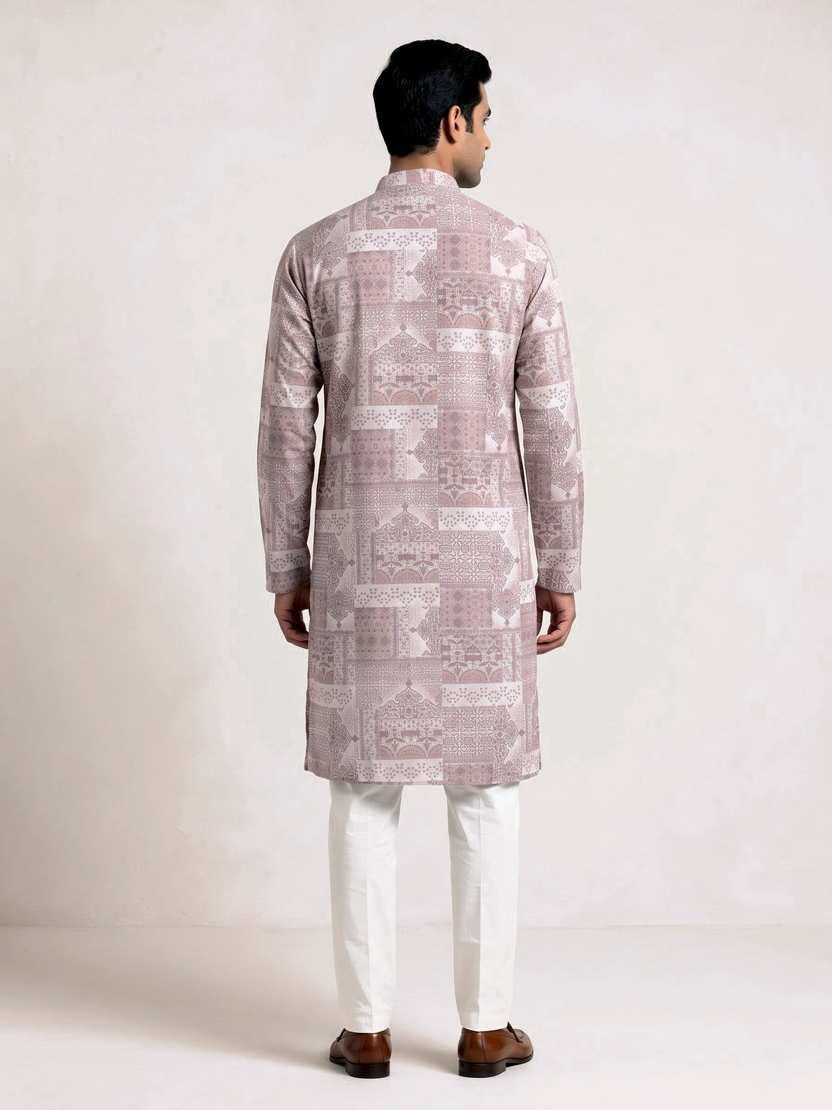 Beige cotton silk mens kurta suit with heritage architectural patchwork print