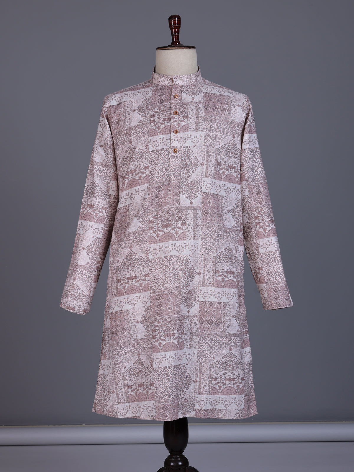 Beige cotton silk mens kurta suit with heritage architectural patchwork print