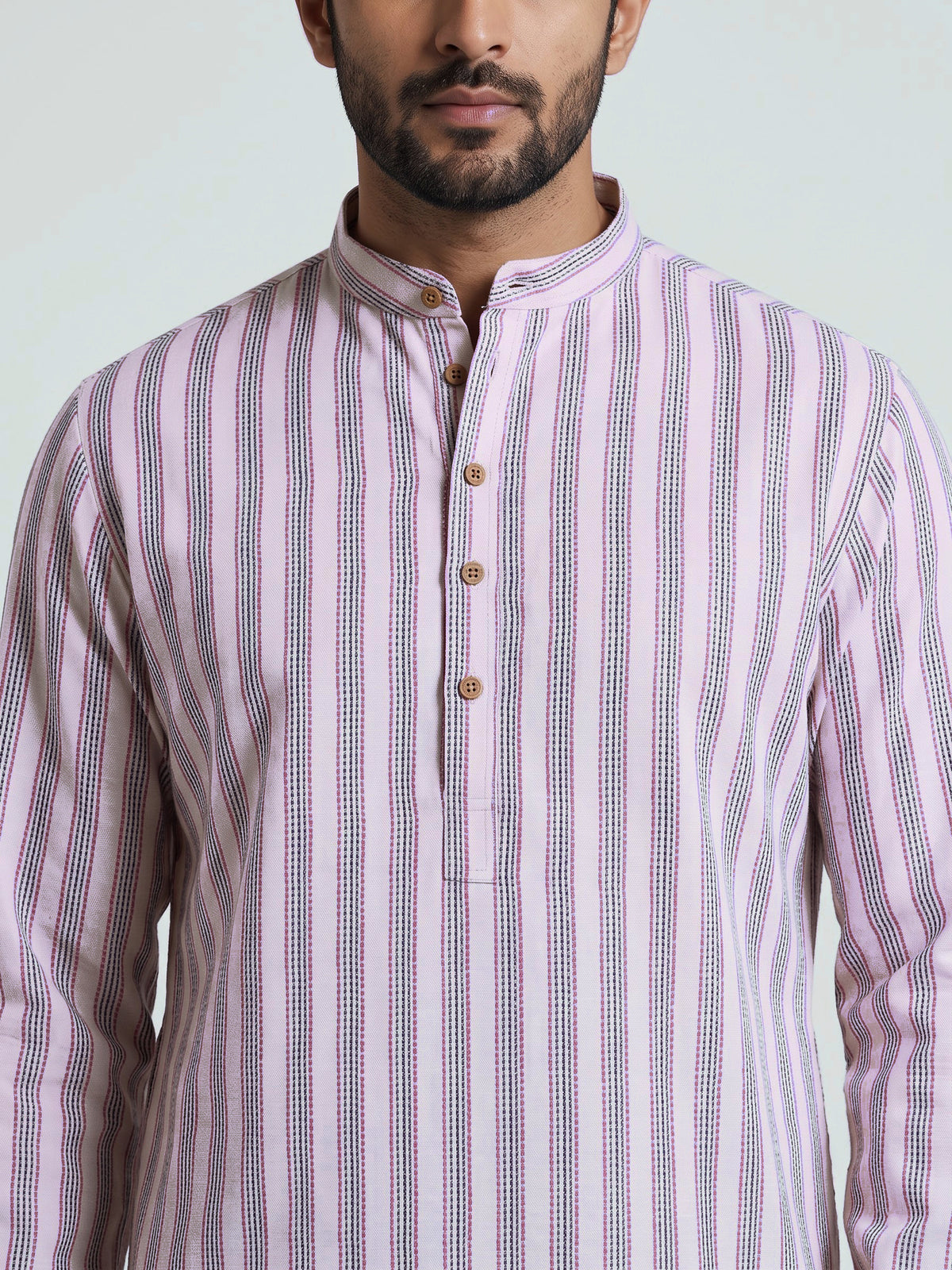 Beige cotton mens kurta suit with refined stripe threadwork