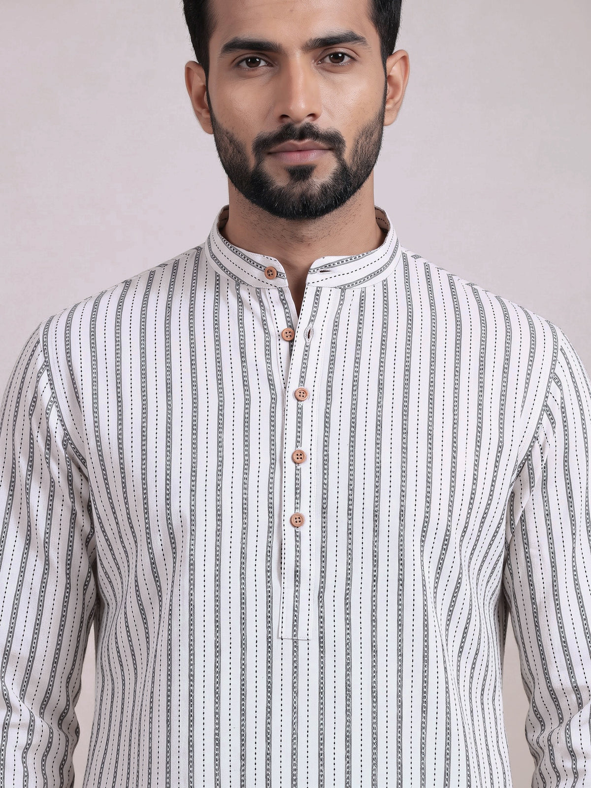 White cotton mens kurta suit with elegant stripe print