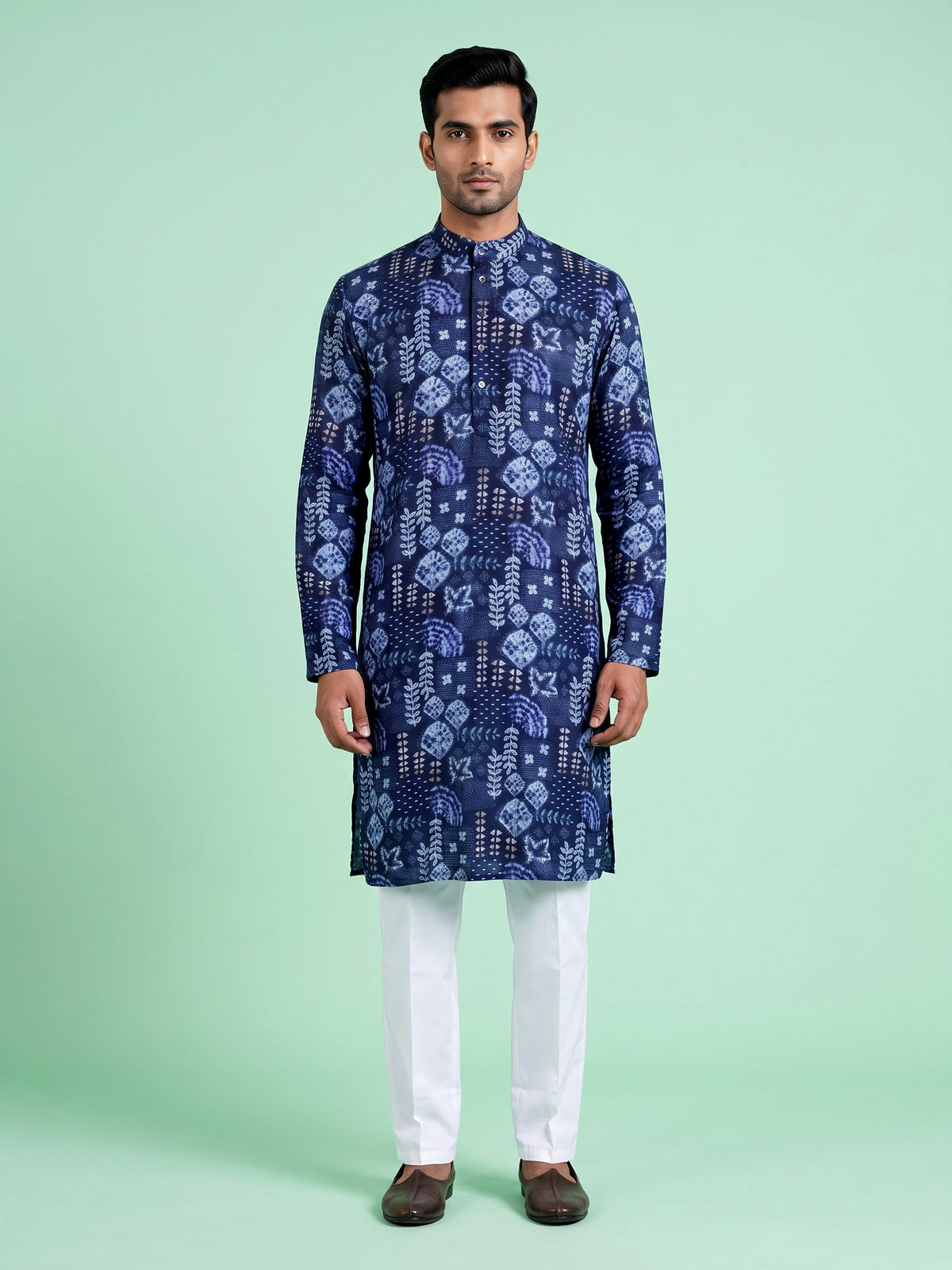 Blue cotton silk mens kurta suit with stylish print and mandarin collar