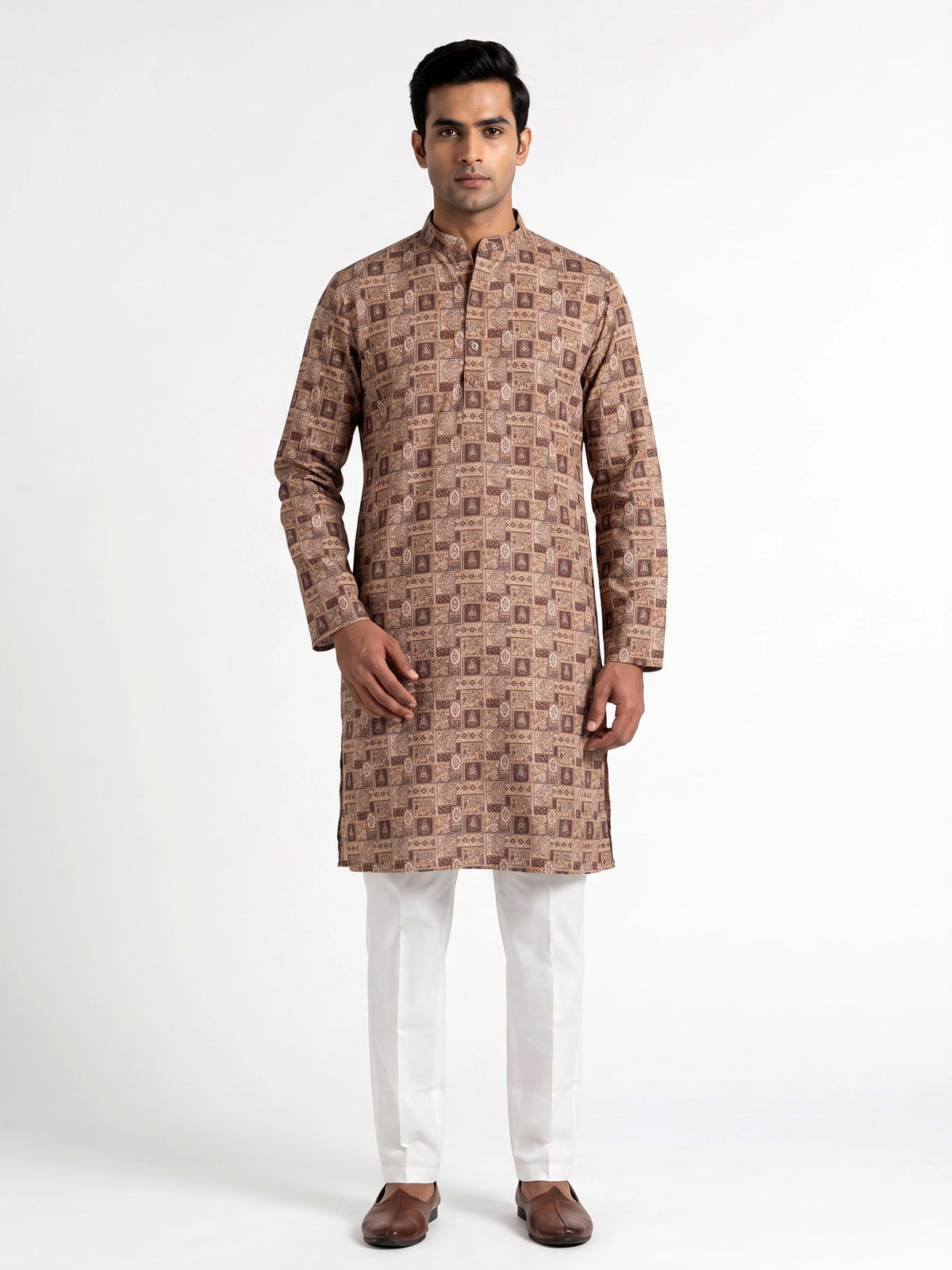 Beige cotton silk mens kurta suit with elegant traditional print detailing