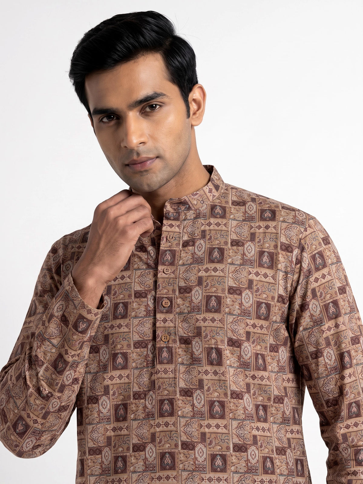 Beige cotton silk mens kurta suit with elegant traditional print detailing