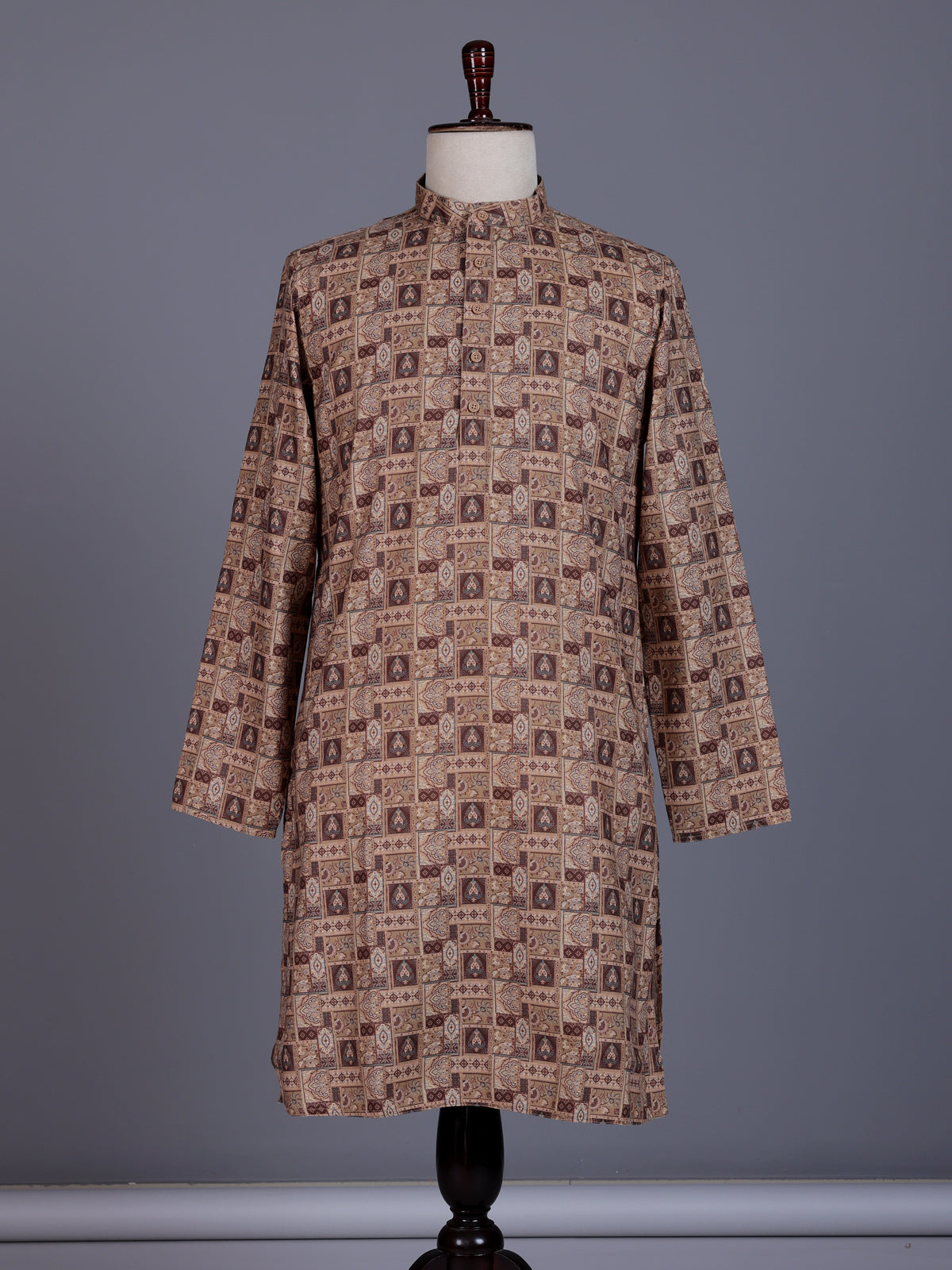 Beige cotton silk mens kurta suit with elegant traditional print detailing