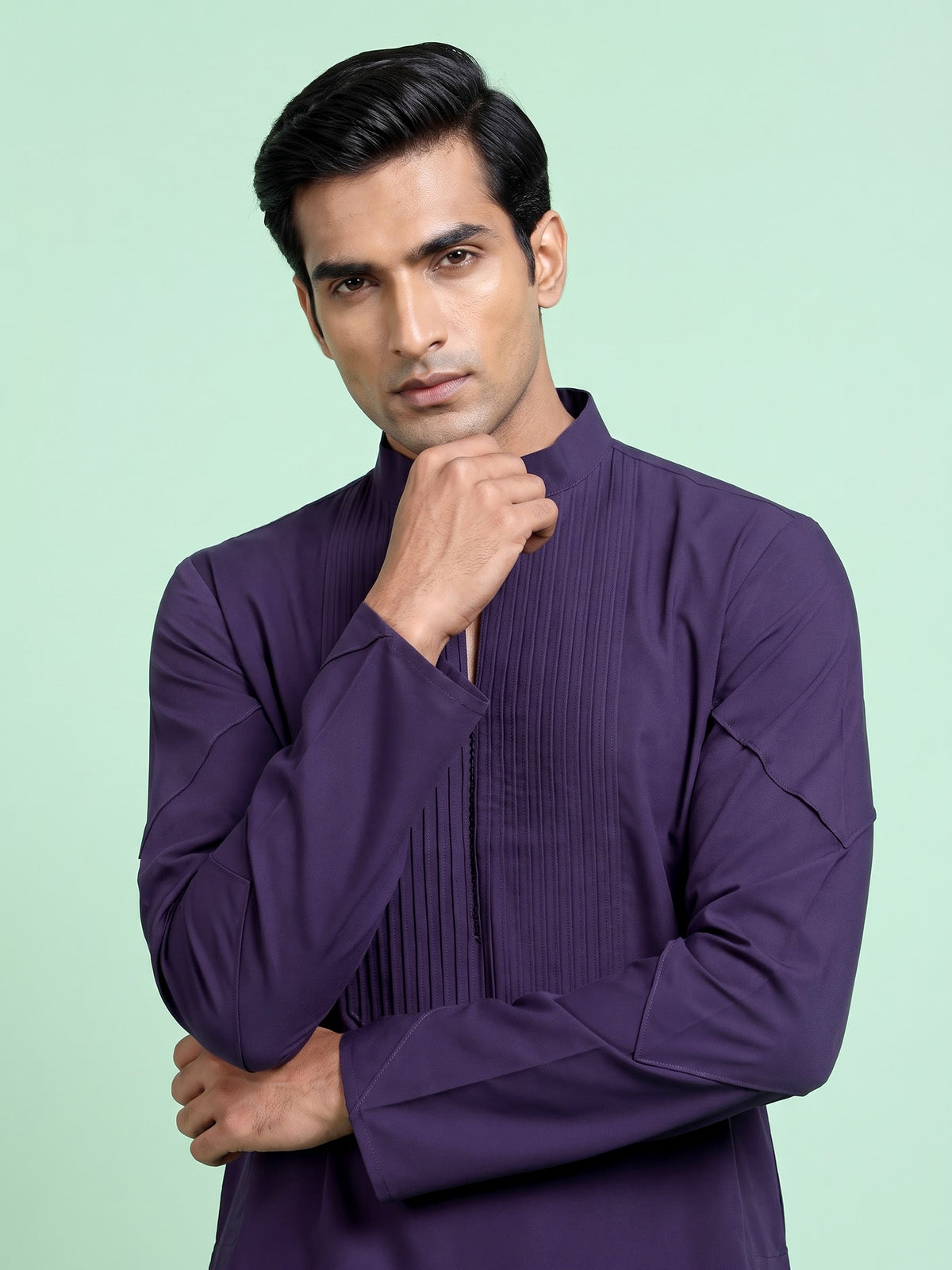 Dark purple Poly-Viscose mens kurta suit with pintuck detailing