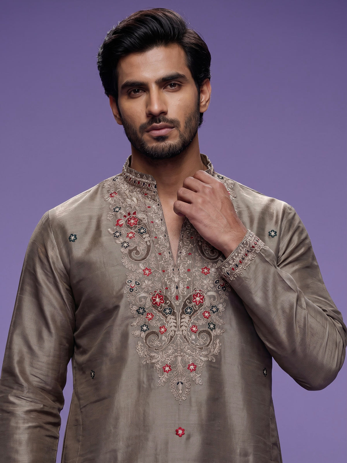 Olive grey cotton silk mens kurta suit with zardosi and stone work