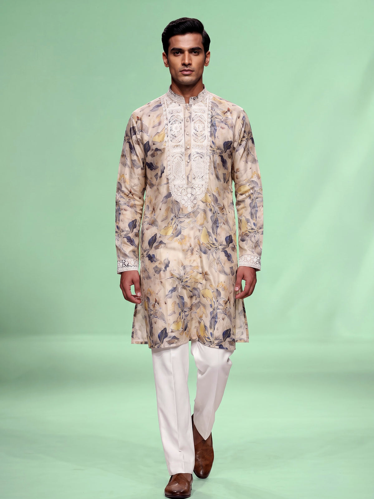 Beige cotton silk mens kurta suit with floral print and embroidered yoke