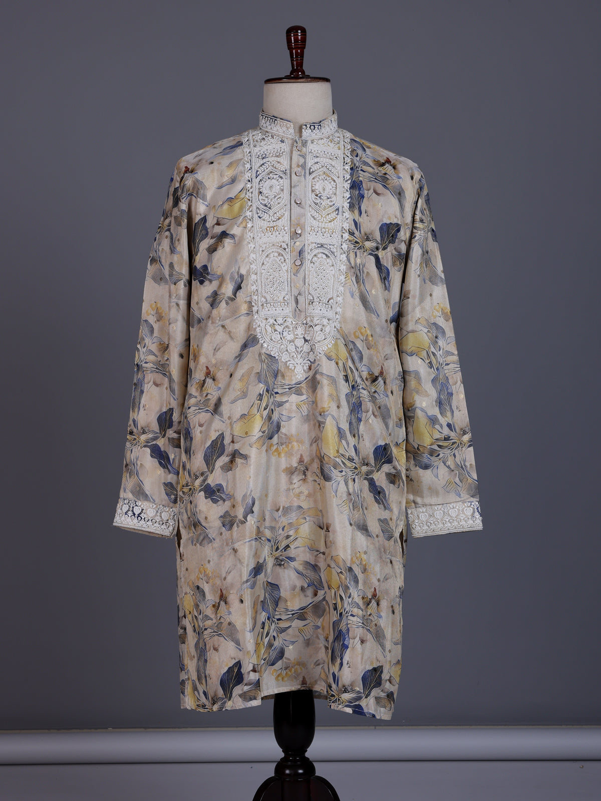 Beige cotton silk mens kurta suit with floral print and embroidered yoke
