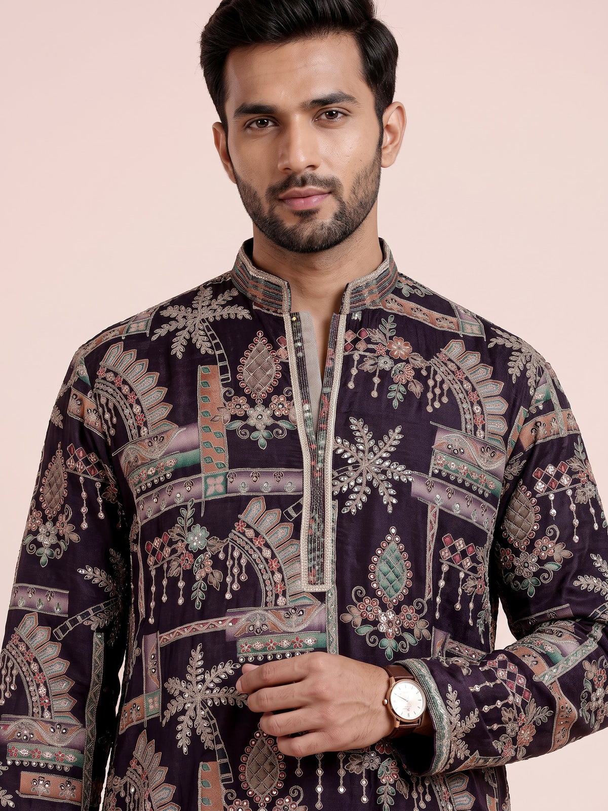 Wine cotton silk mens kurta suit with embroidered cuffs and detailing