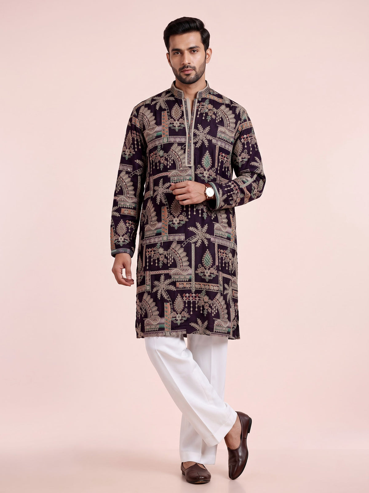 Wine cotton silk mens kurta suit with embroidered cuffs and detailing