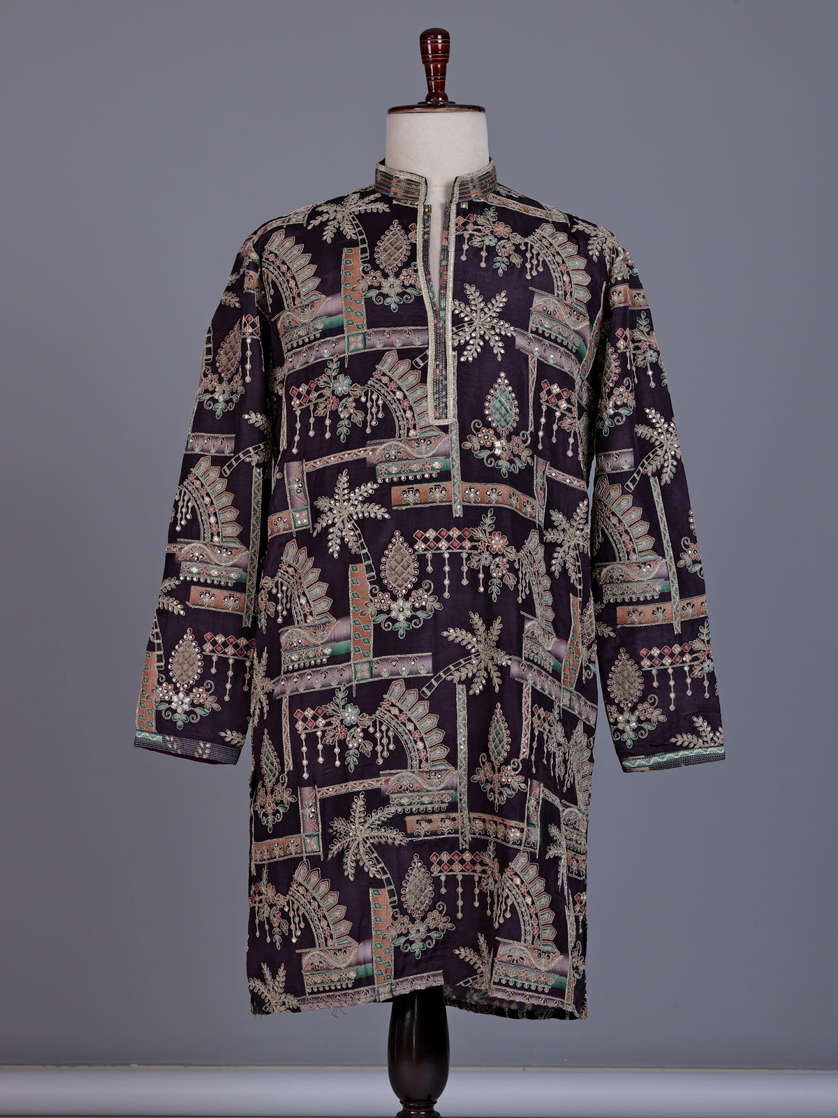 Wine cotton silk mens kurta suit with embroidered cuffs and detailing