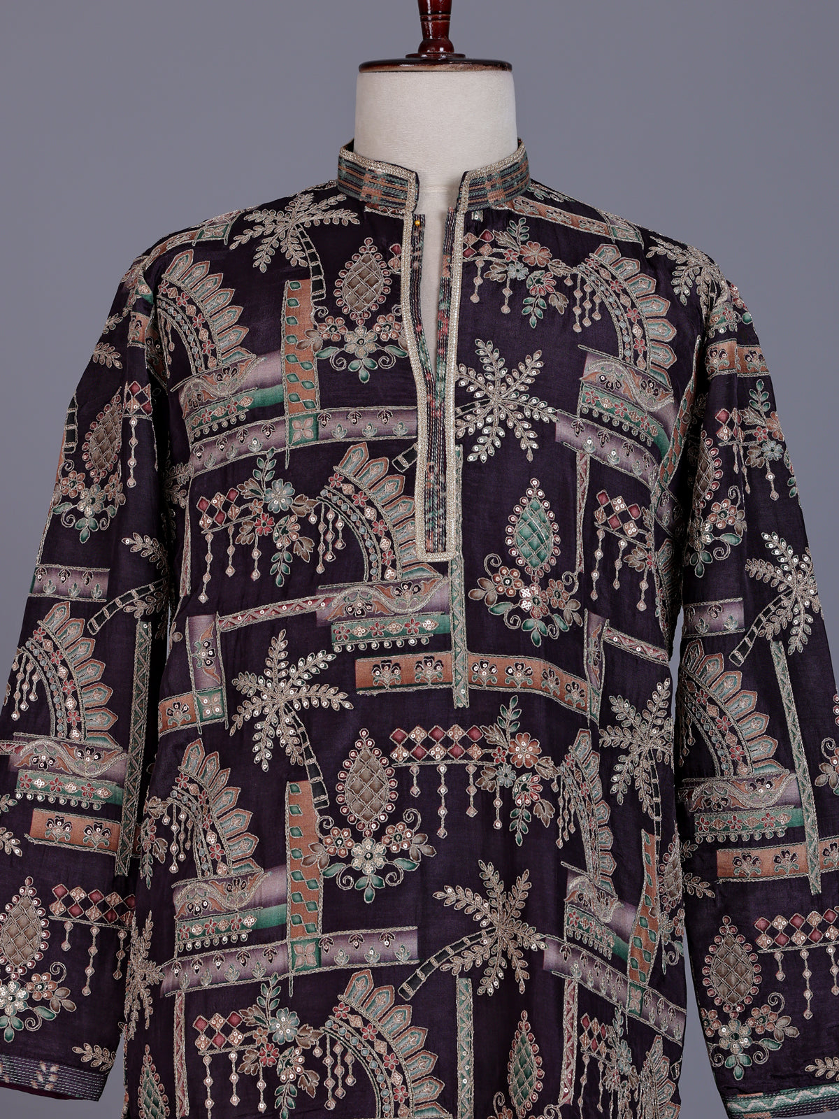 Wine cotton silk mens kurta suit with embroidered cuffs and detailing