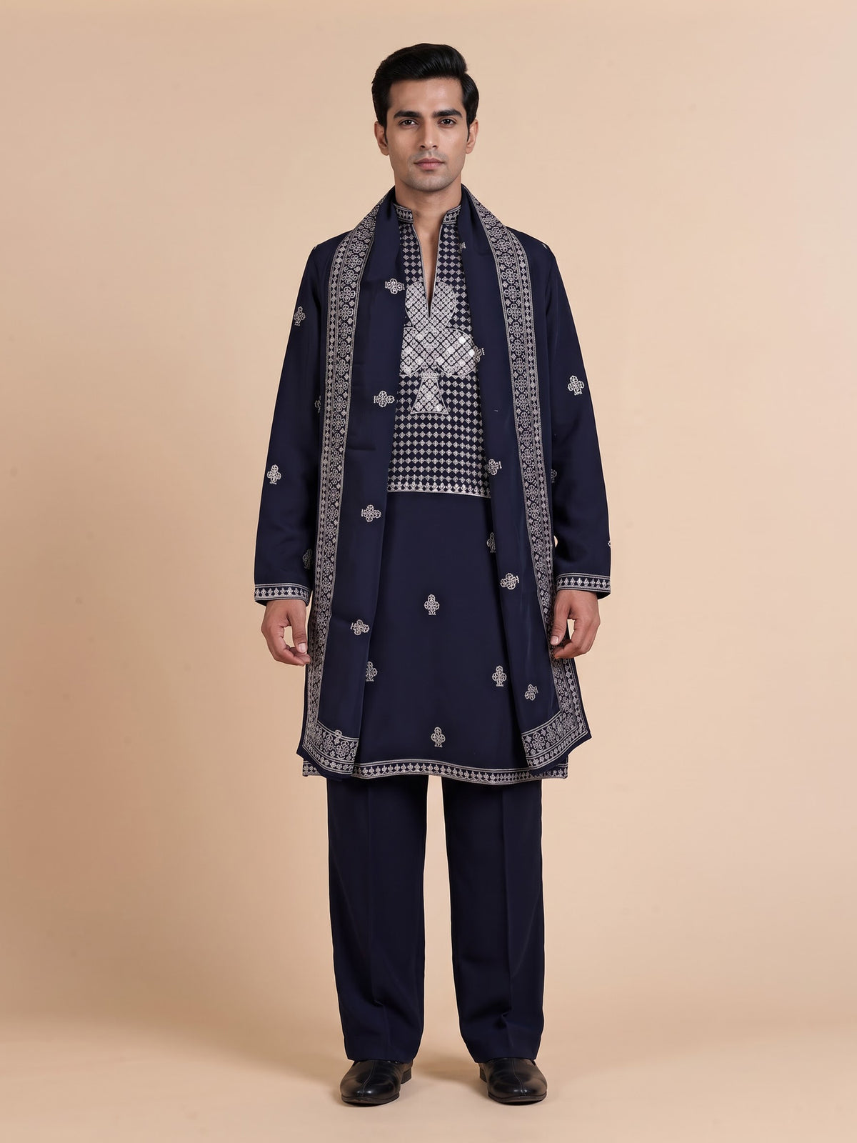 Navy blue Georgette silk mens kurta suit with sequins aabla embroidery