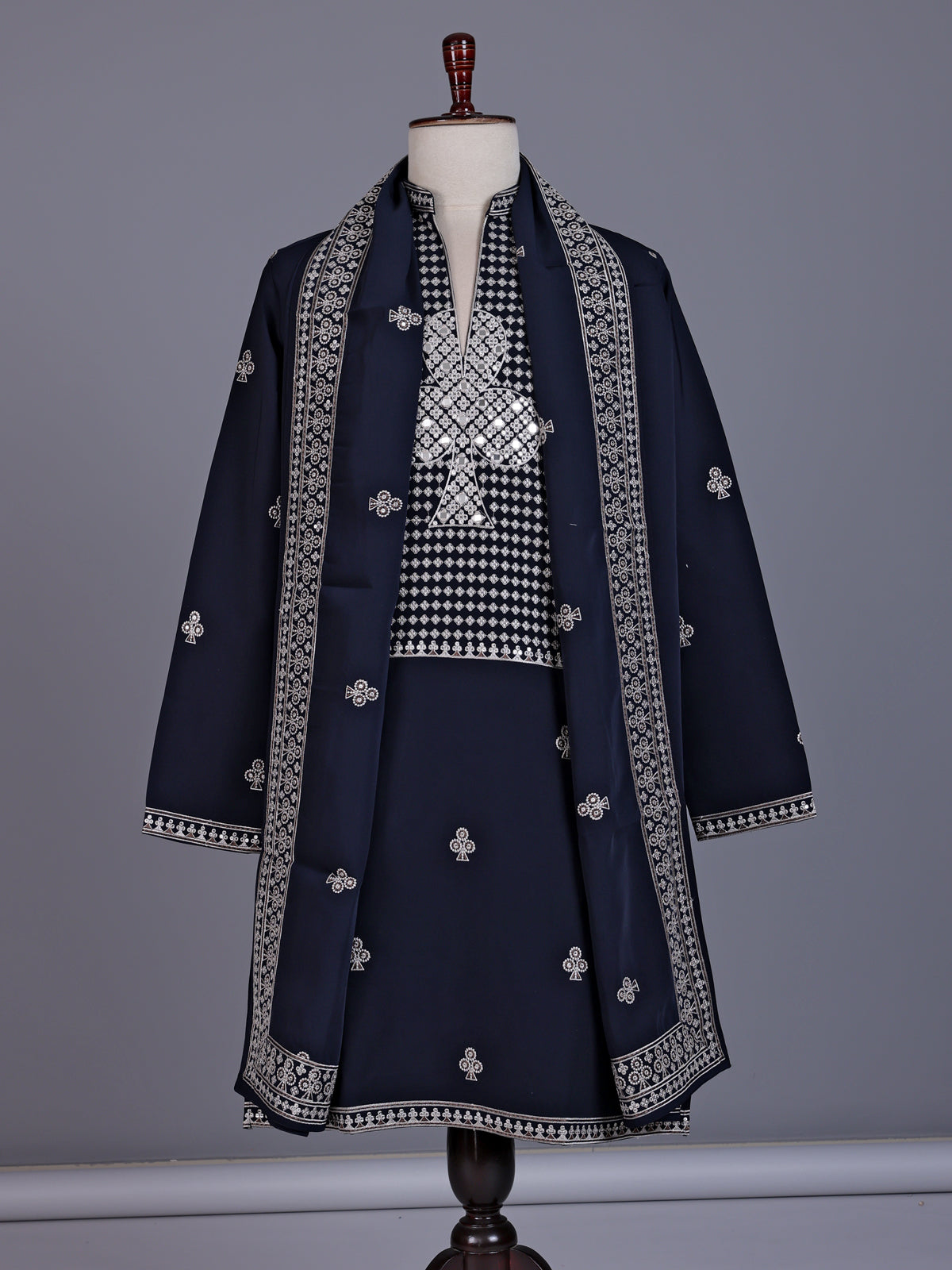 Navy blue Georgette silk mens kurta suit with sequins aabla embroidery
