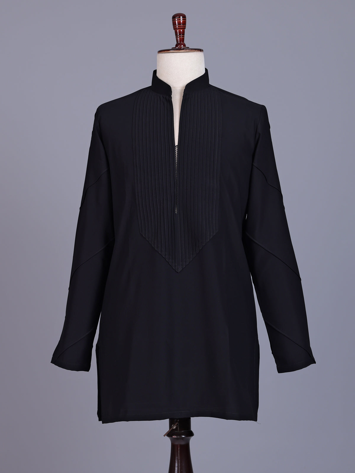 Black Poly-Viscose mens kurta suit with modern pintuck detailing