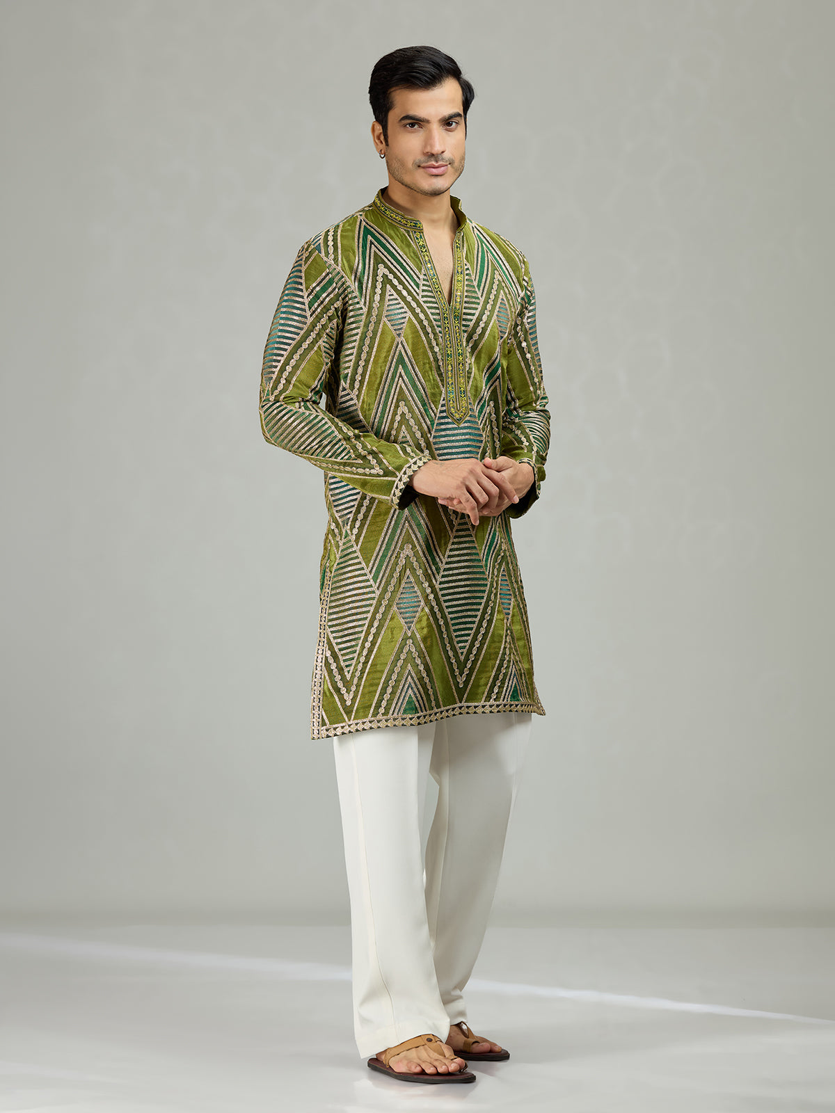 Mehendi green geometric mens kurta suit