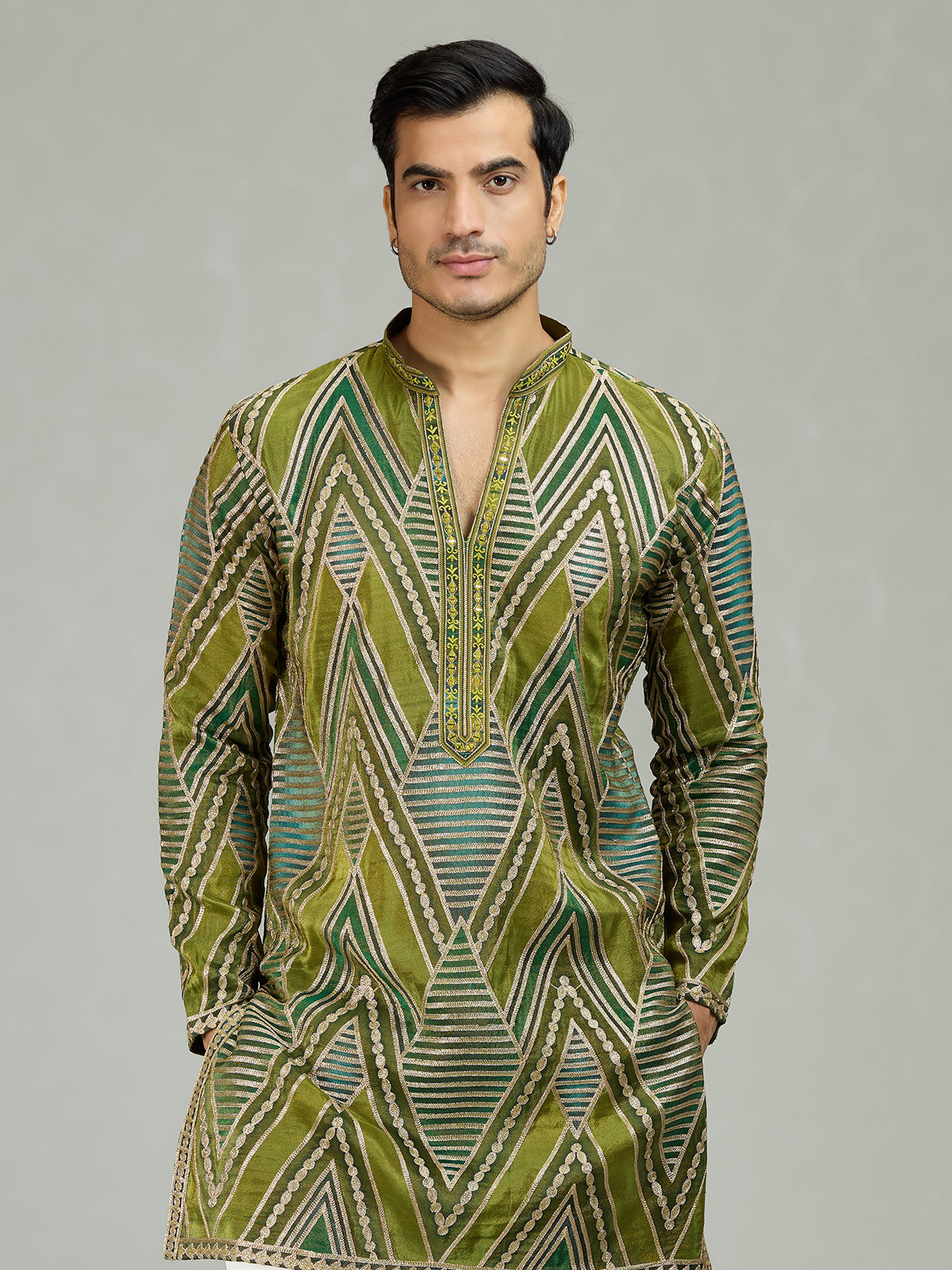 Mehendi green geometric mens kurta suit