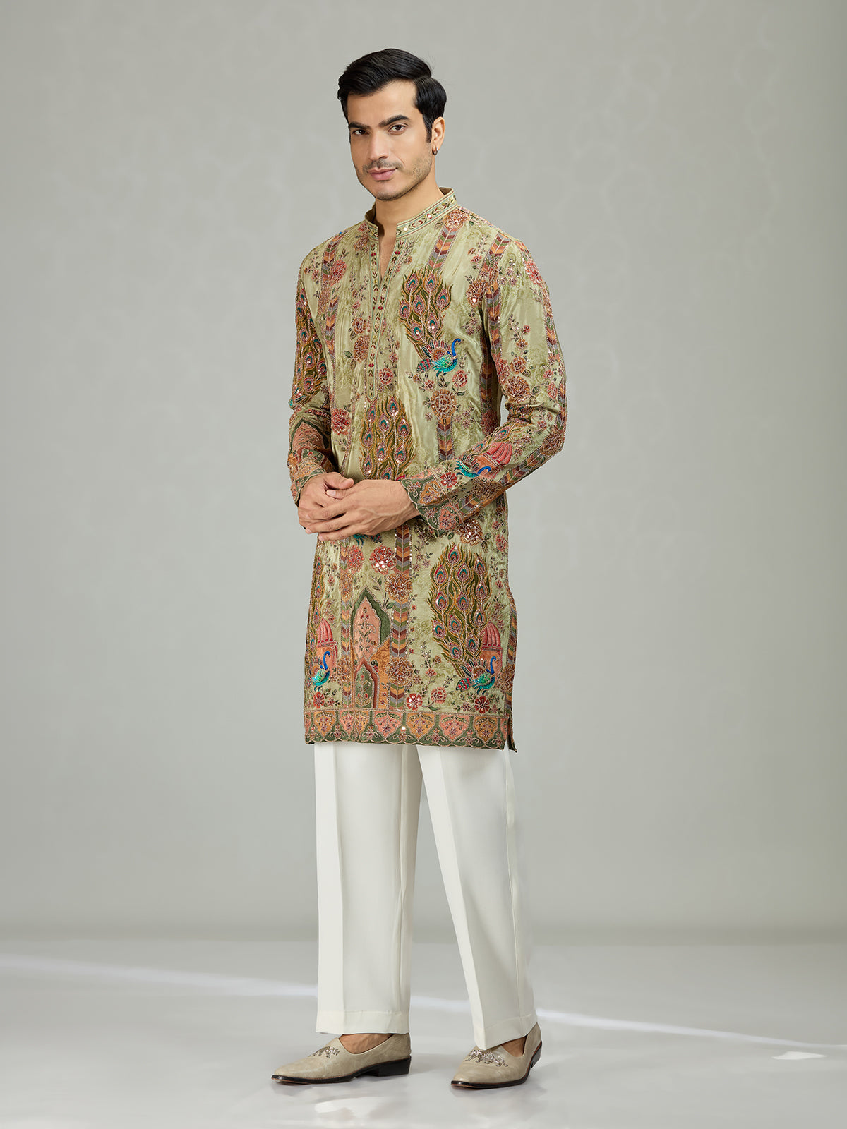 Pista green peacock print mens kurta suit