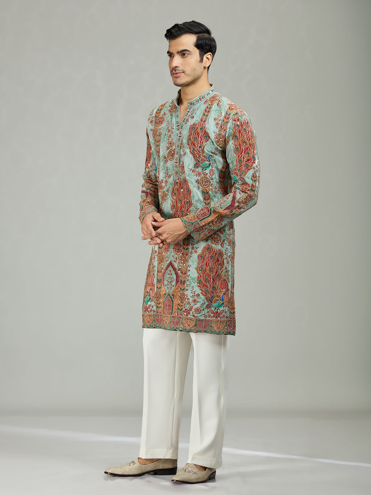 Aqua blue peacock print mens kurta suit