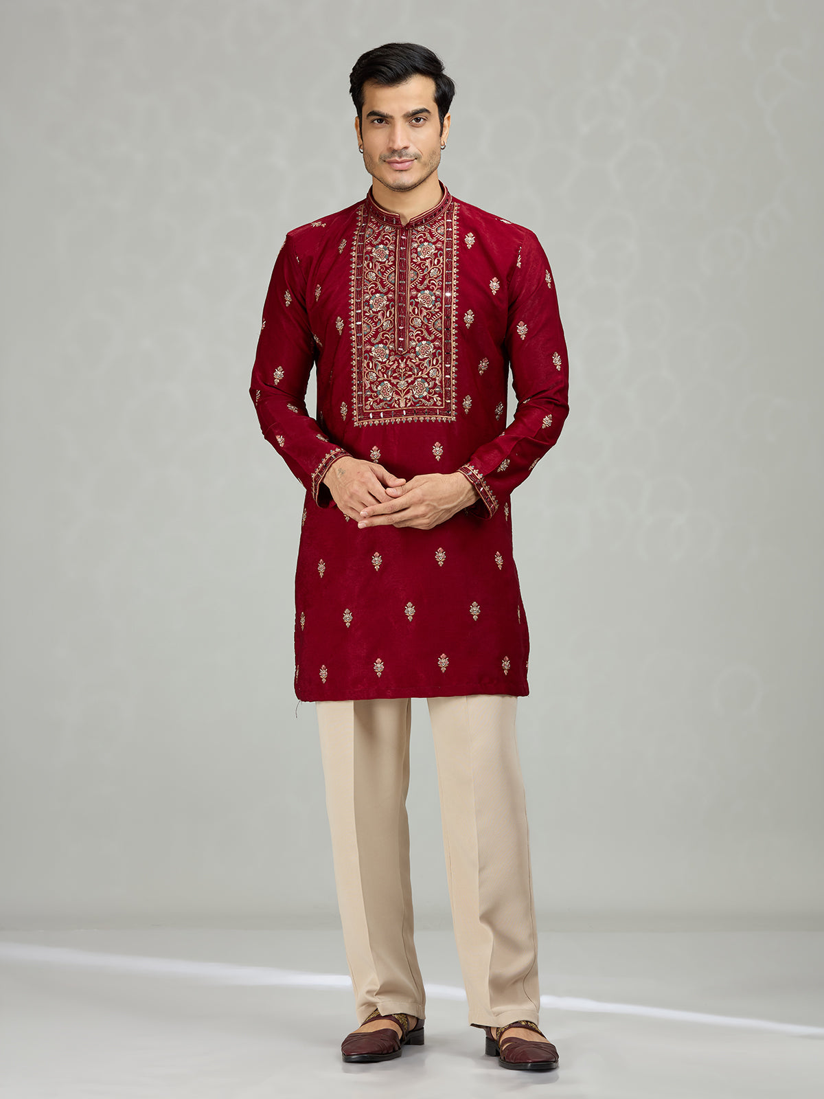 Maroon floral panel mens kurta suit