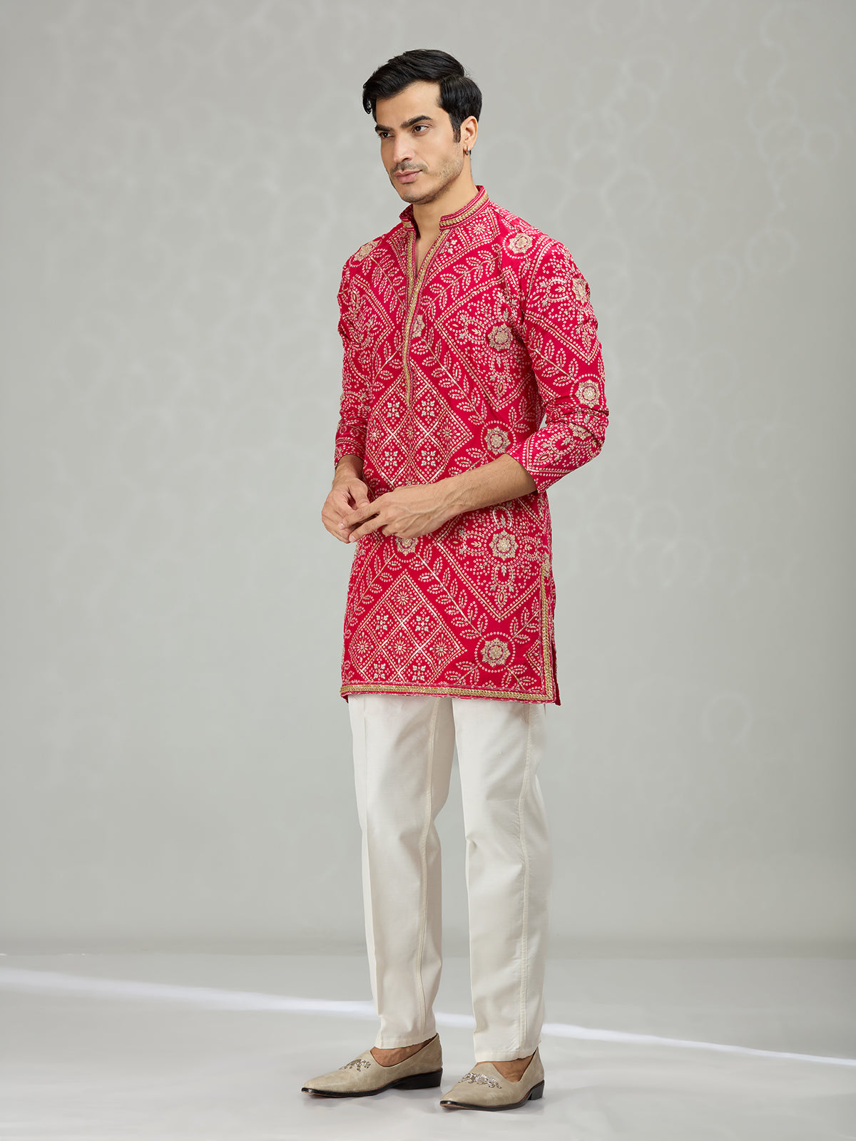 Hot pink vibrant bandhej mens kurta suit