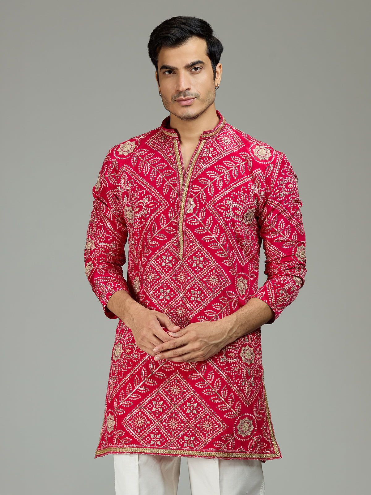 Hot pink vibrant bandhej mens kurta suit