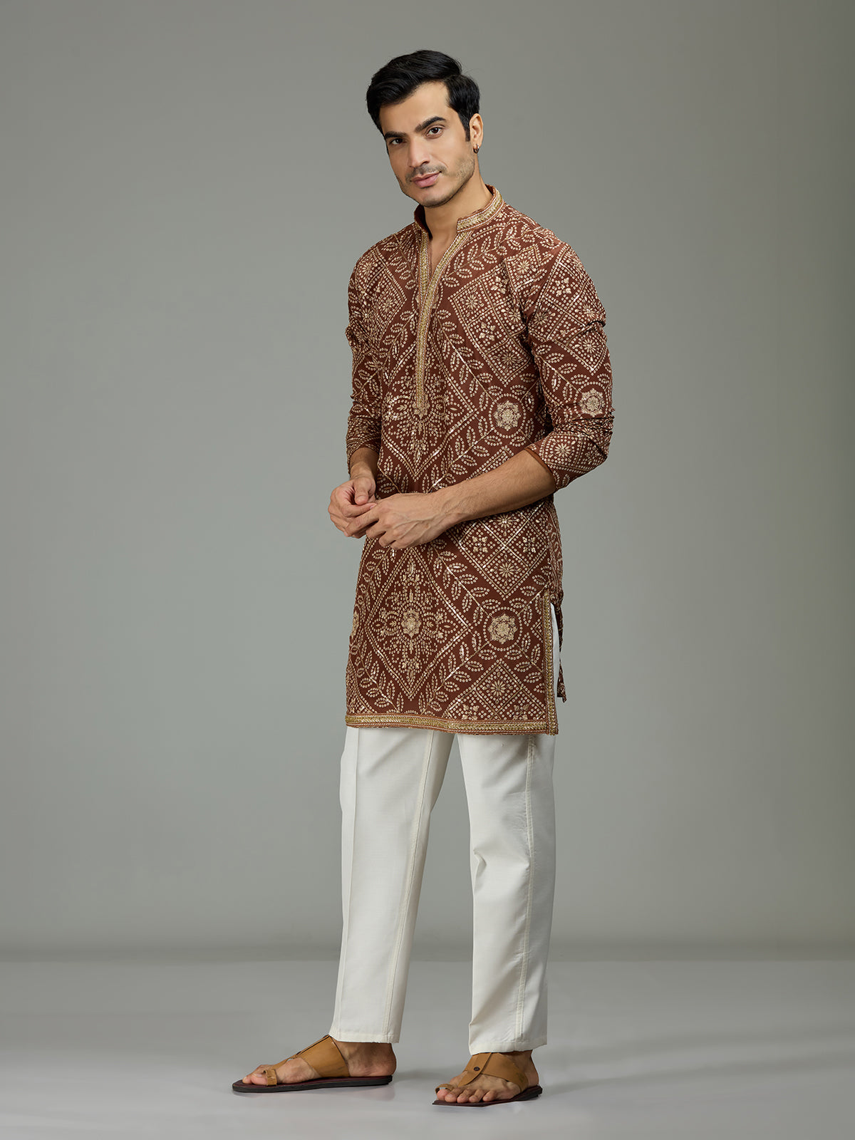 Brown traditional bandhej mens kurta suit