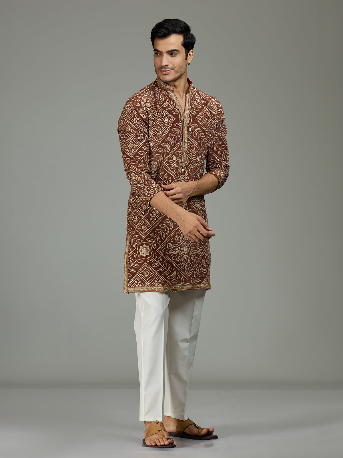 Brown traditional bandhej mens kurta suit