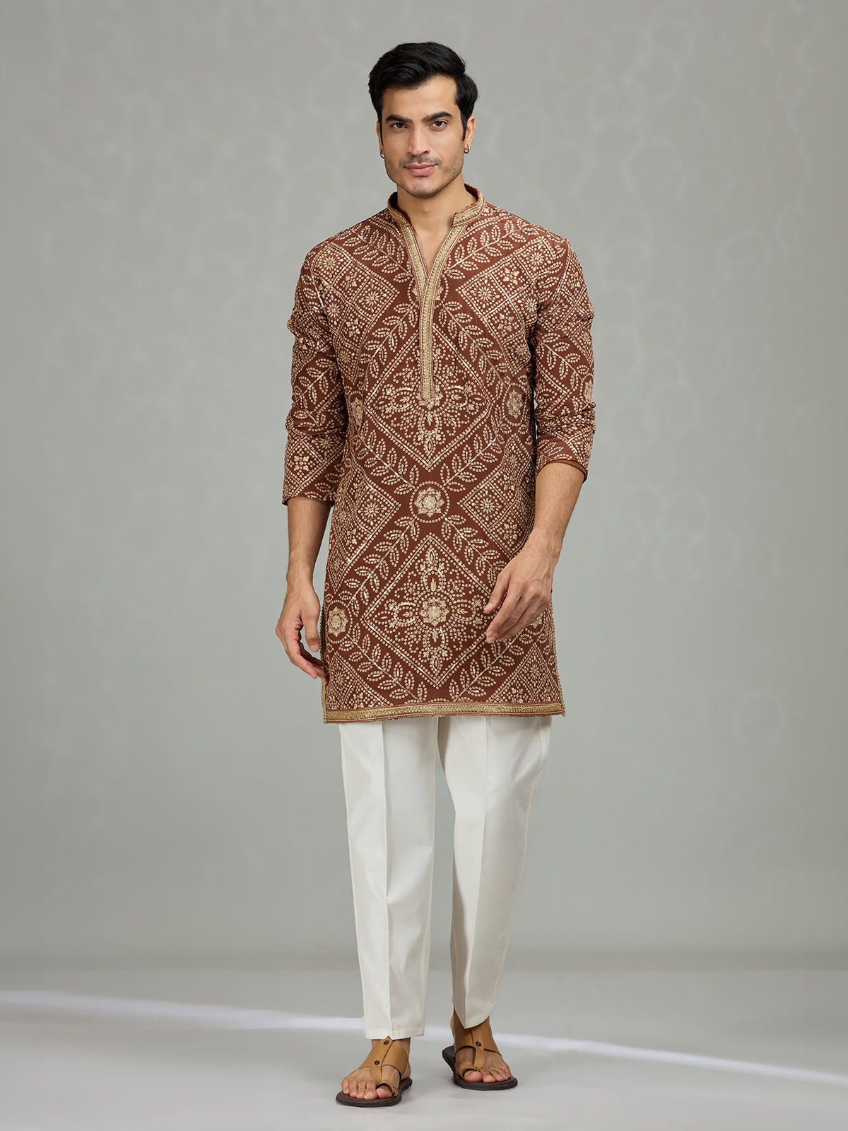 Brown traditional bandhej mens kurta suit