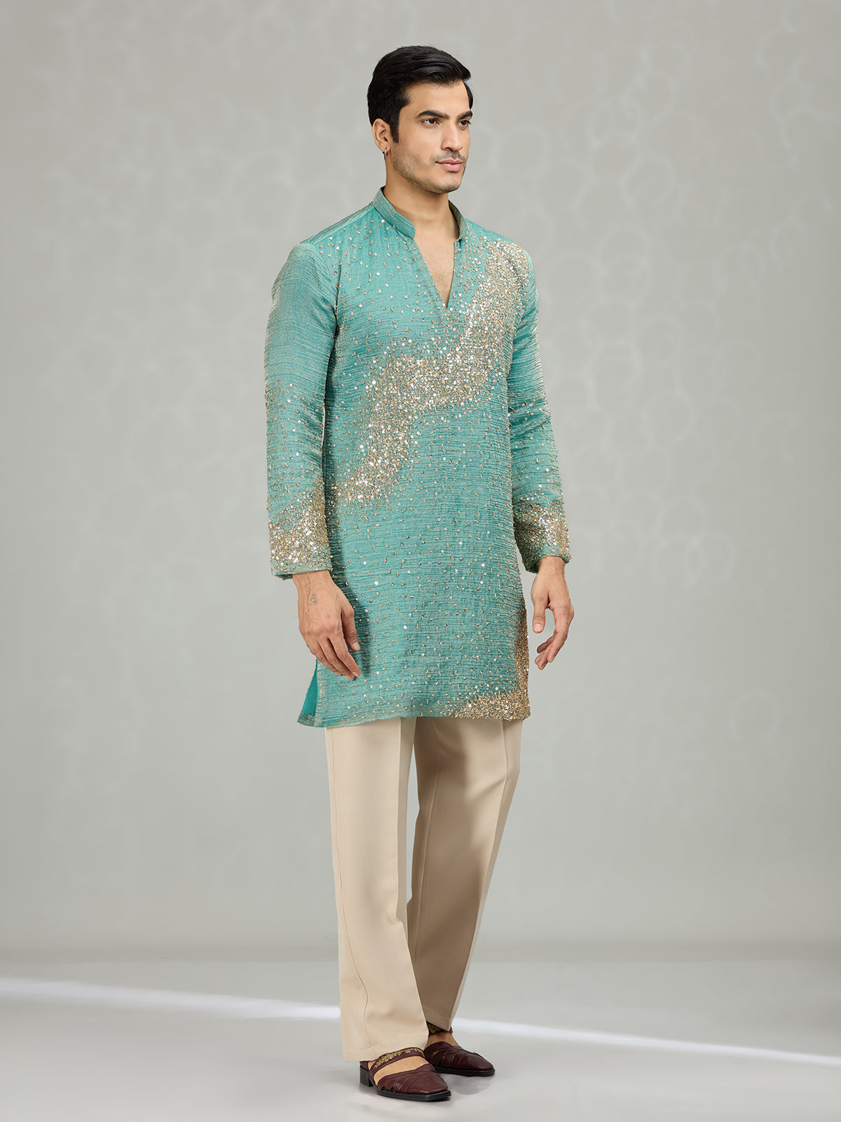 English blue flowing wave artistry men kurta suit