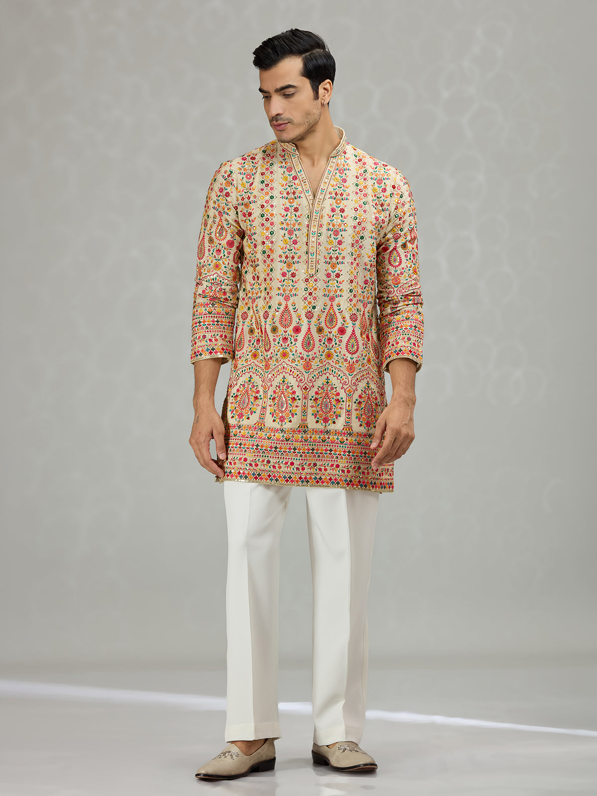 Warm beige colorful floral mens kurta suit
