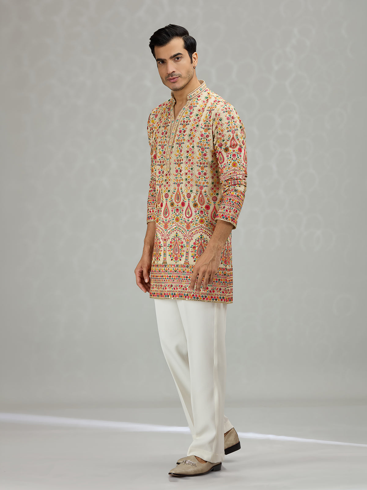 Warm beige colorful floral mens kurta suit