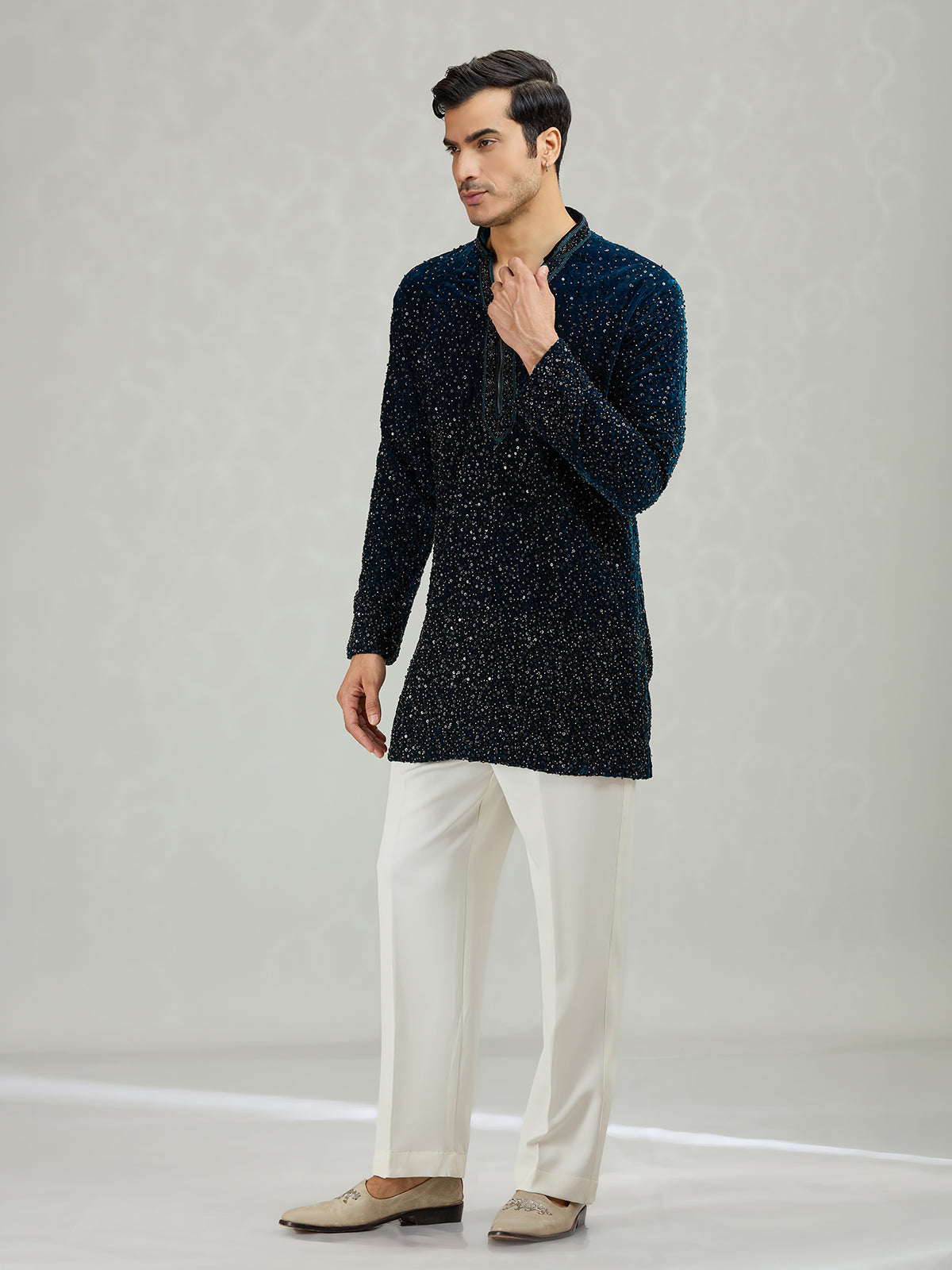 Teal dark blue sleek mens kurta suit