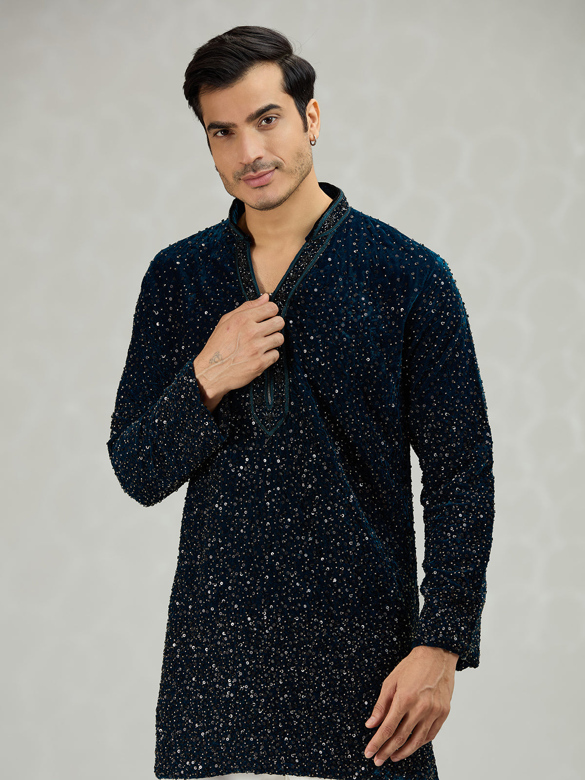 Teal dark blue sleek mens kurta suit