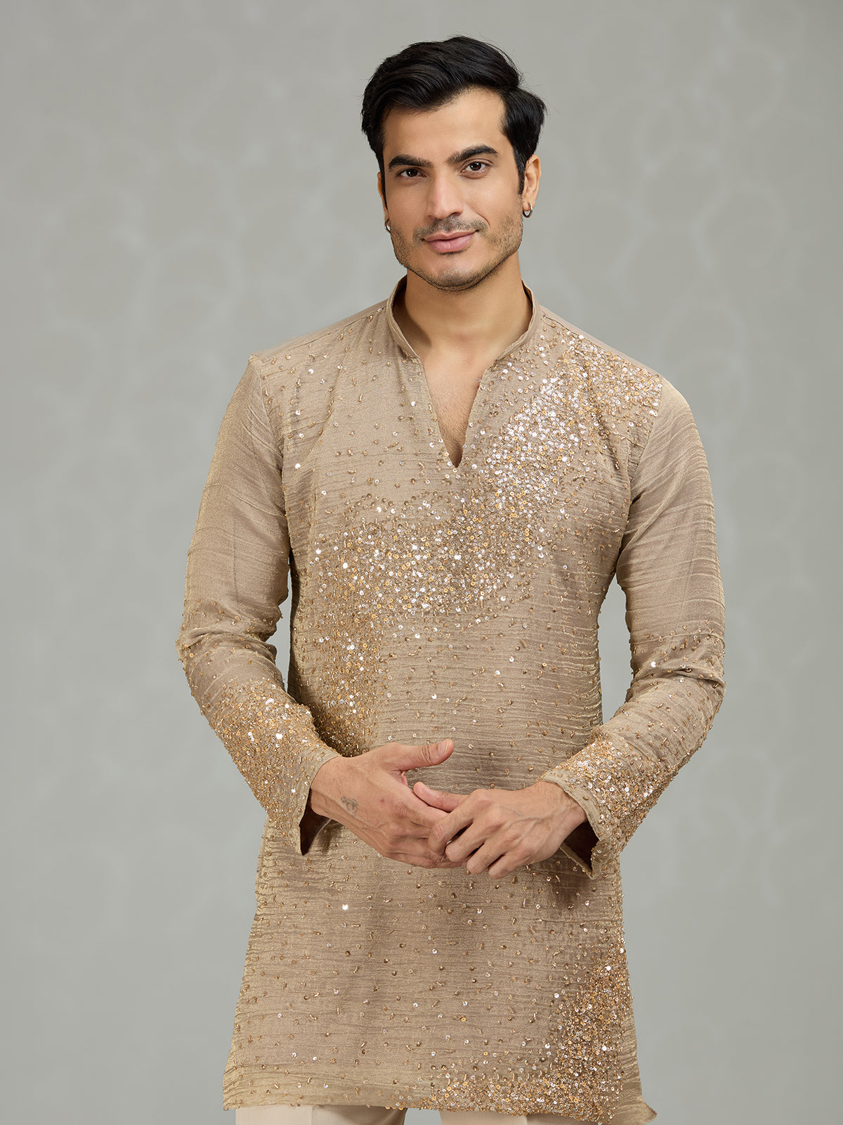Warm brown sculpted wave patterns men kurta suit