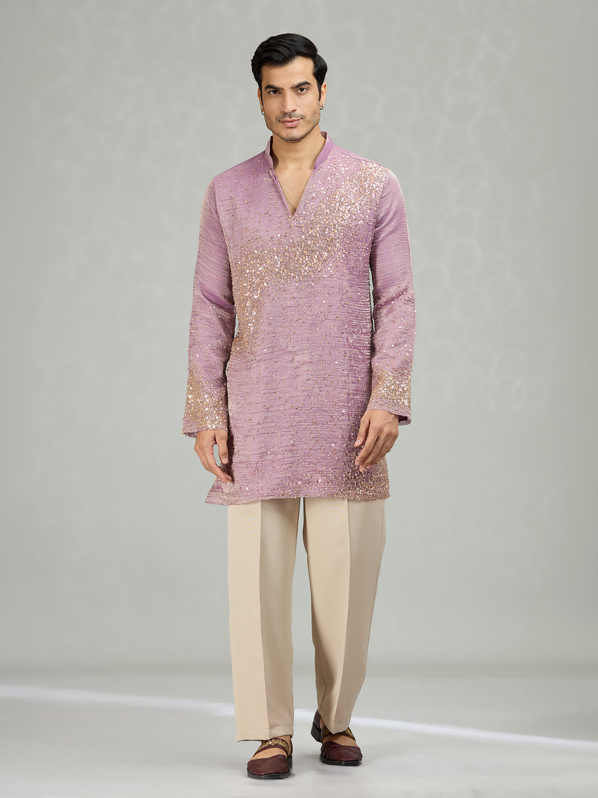 Lilac purple graceful wave motifs men kurta suit