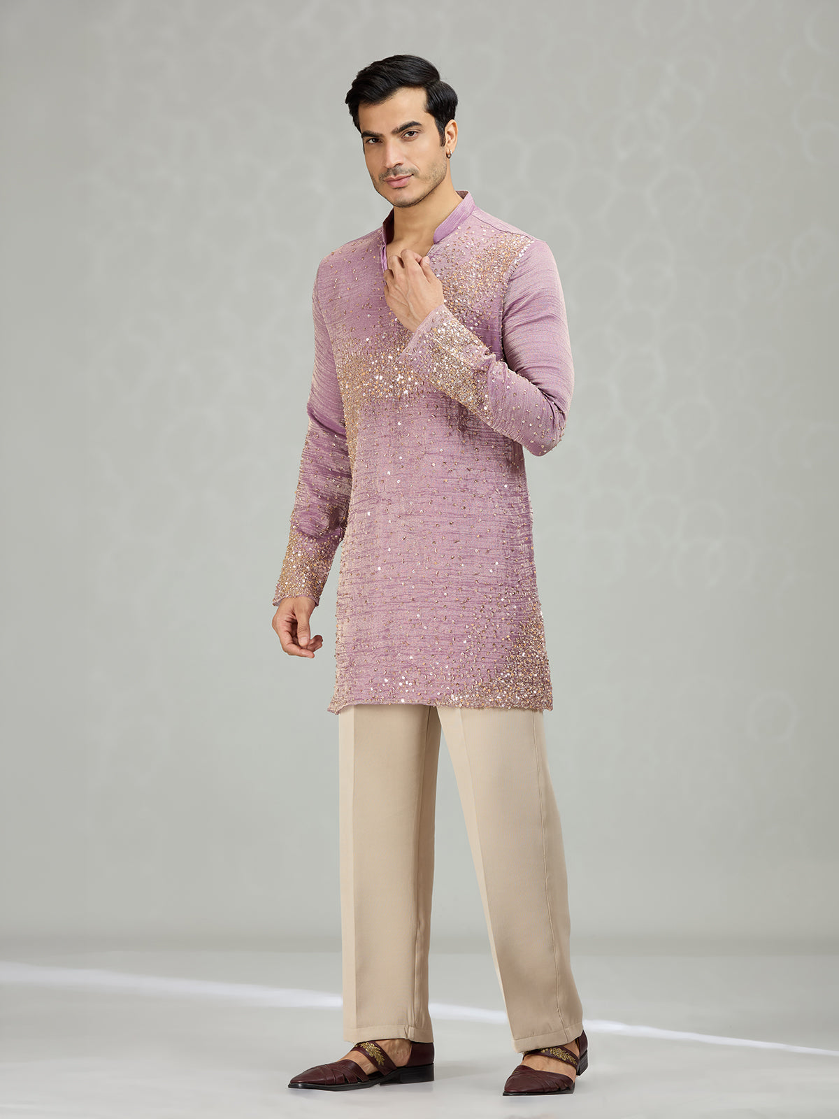 Lilac purple graceful wave motifs men kurta suit