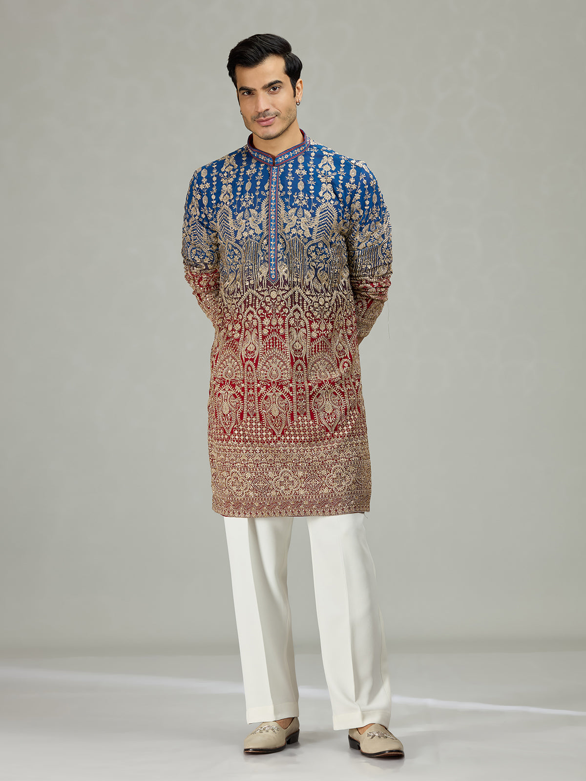 Blue red shaded architectural mens kurta suit
