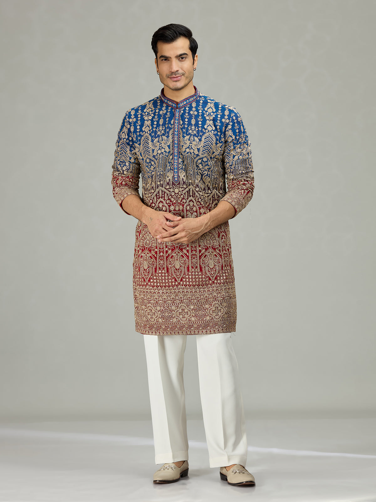 Blue red shaded architectural mens kurta suit