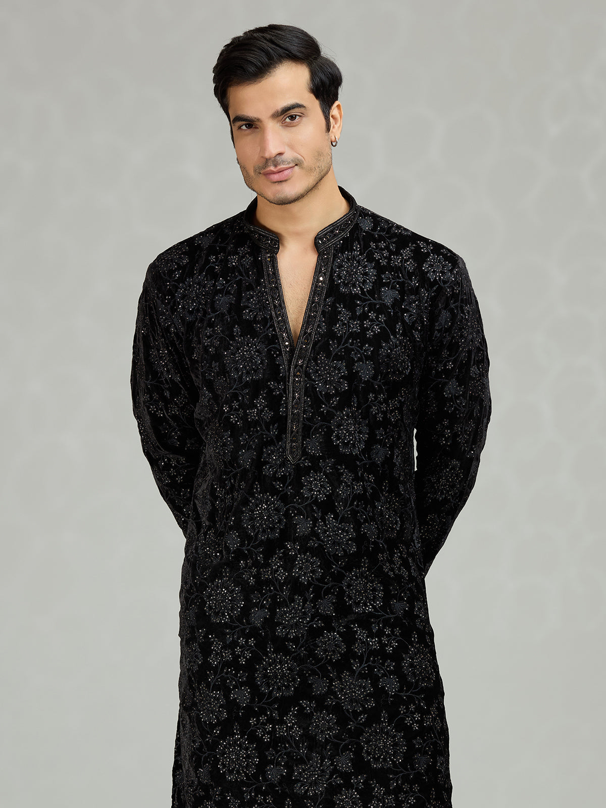 Black floral velvet embellished mens kurta suit